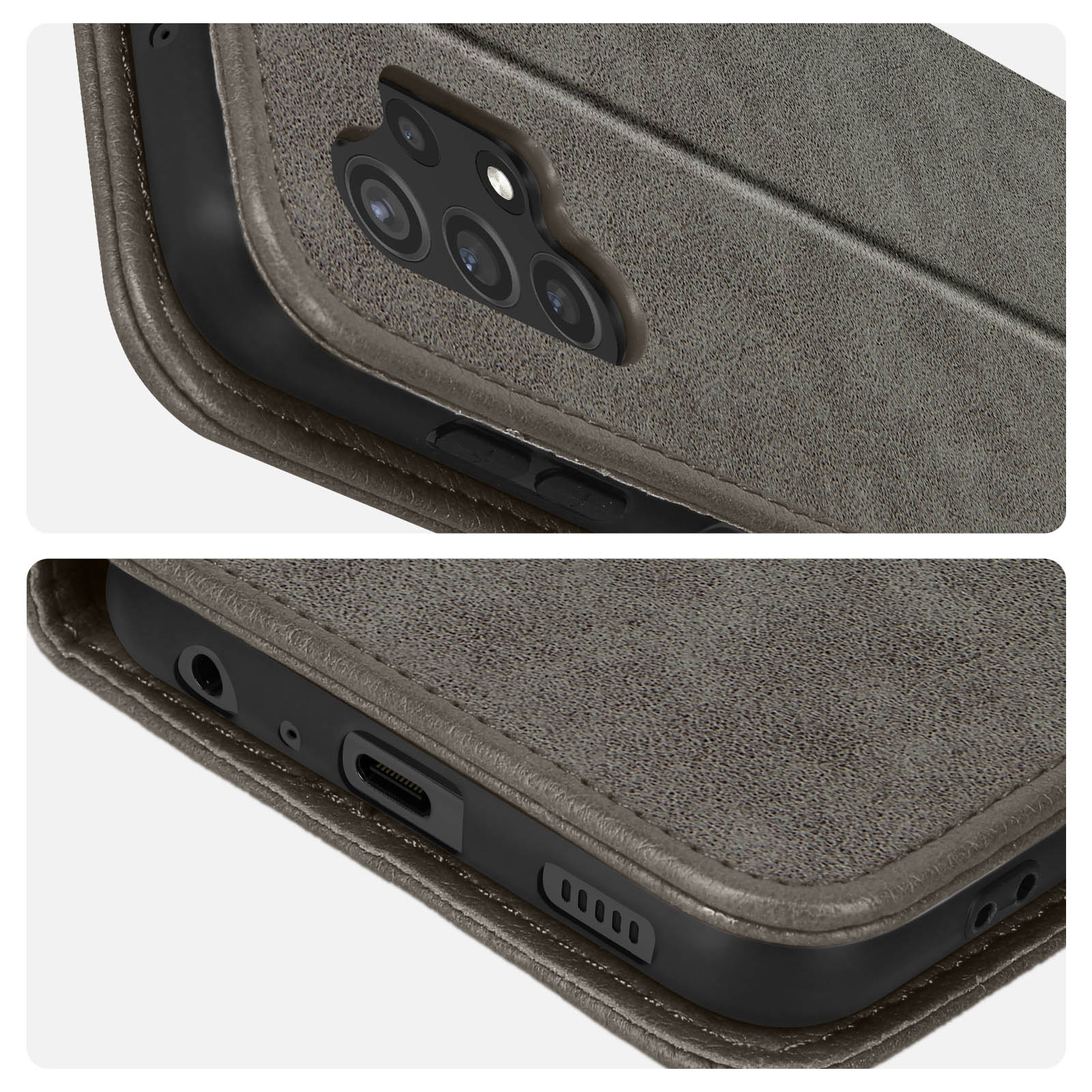 Close-up van een telefoonhoesje met een ledertextuur, met poorten en camera.