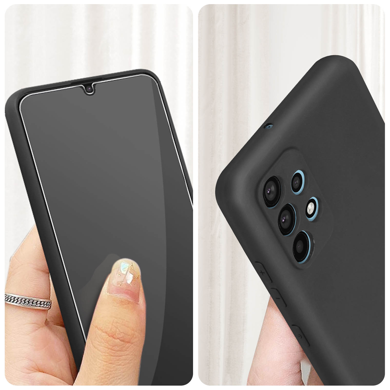 Telefono con protezione schermo in applicazione, custodia nera.