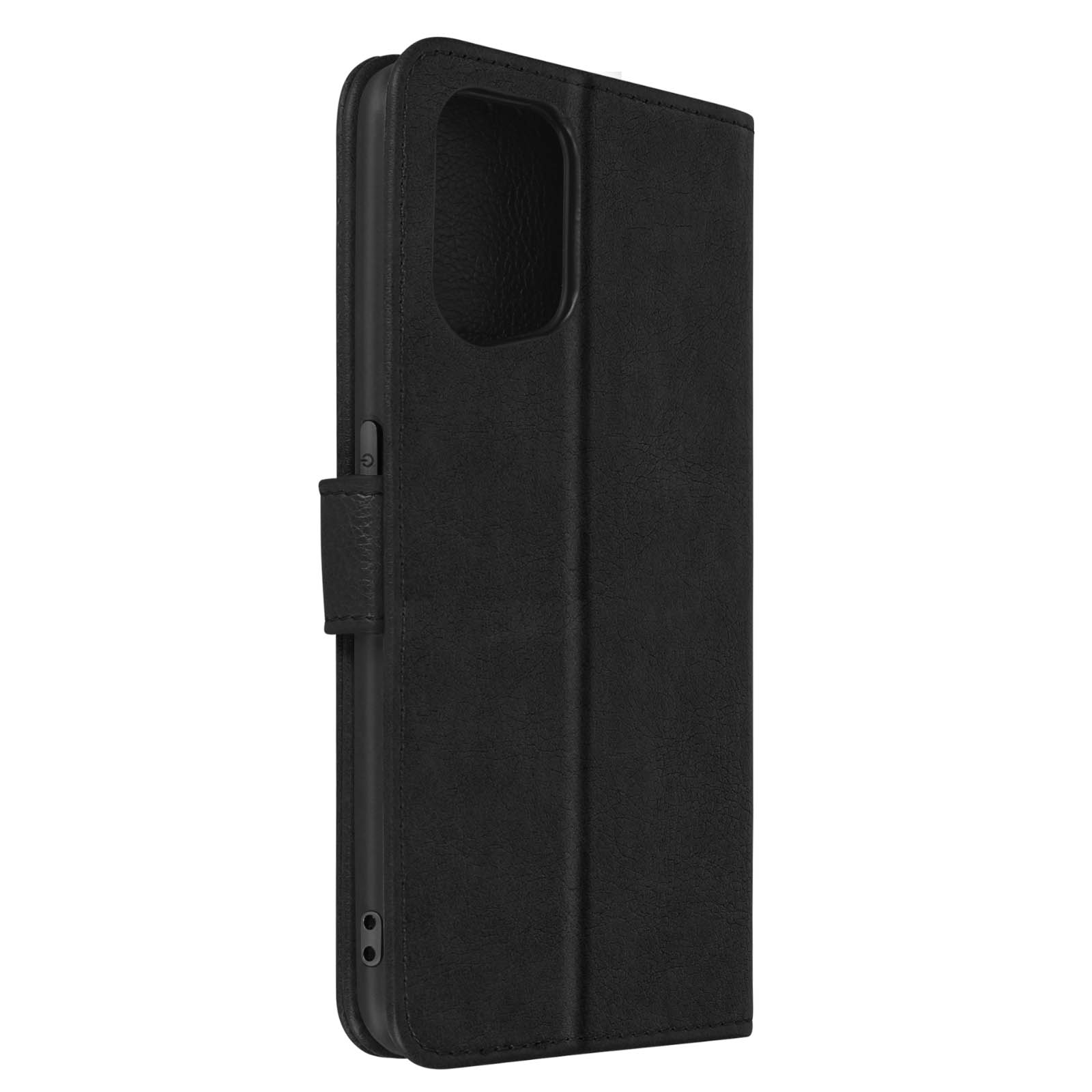 Una custodia per telefono nera chiusa con una chiusura. Lo sfondo è bianco.