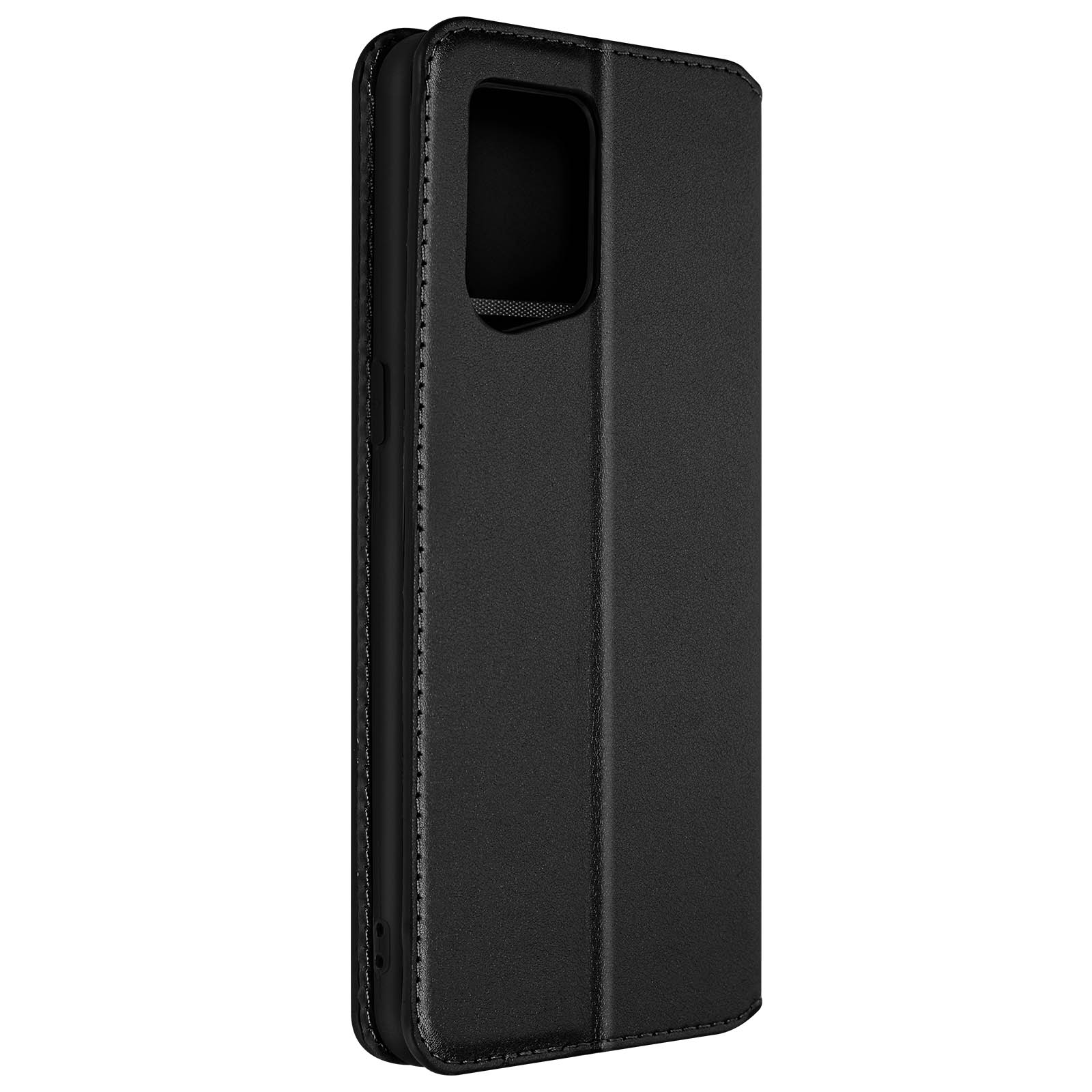 Housse de téléphone noire, fermée, avec une découpe rectangulaire pour l'appareil photo.