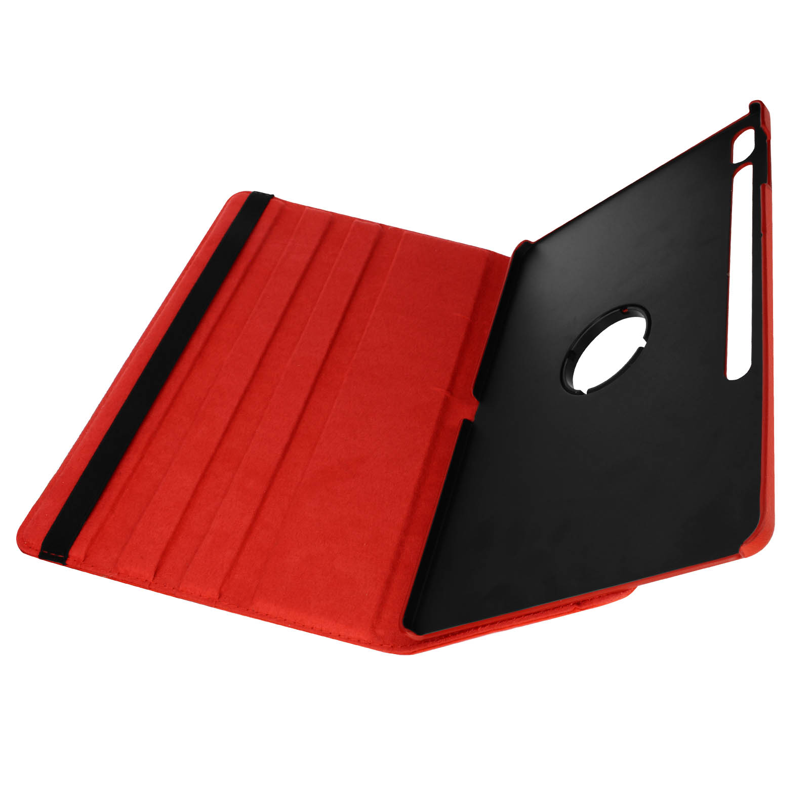 Custodia rossa per tablet, aperta. Interno nero, con foro per fotocamera.