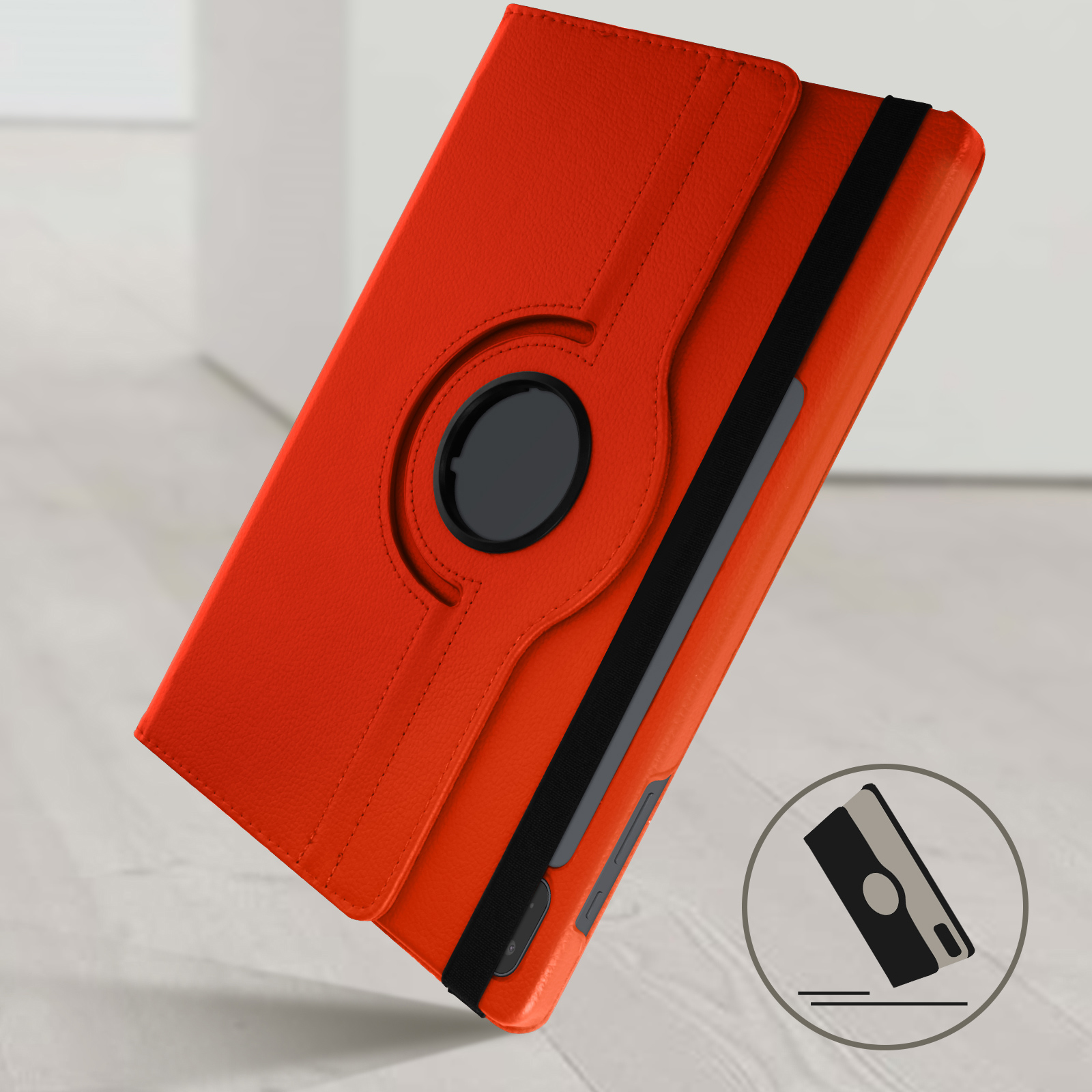 Custodia per tablet rossa con cinturino nero e cerchio rotante nero. Sfondo bianco.