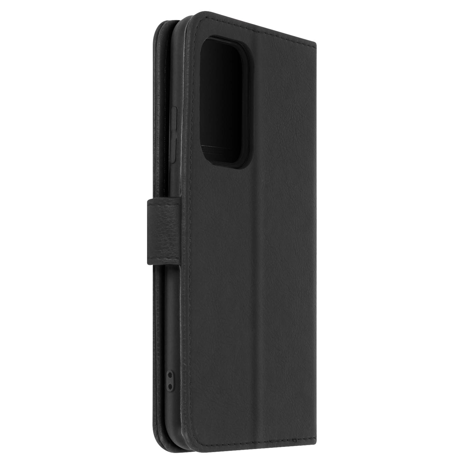 Coque de téléphone noire. Fermée, texture cuir. Vue latérale avec trou pour caméra.