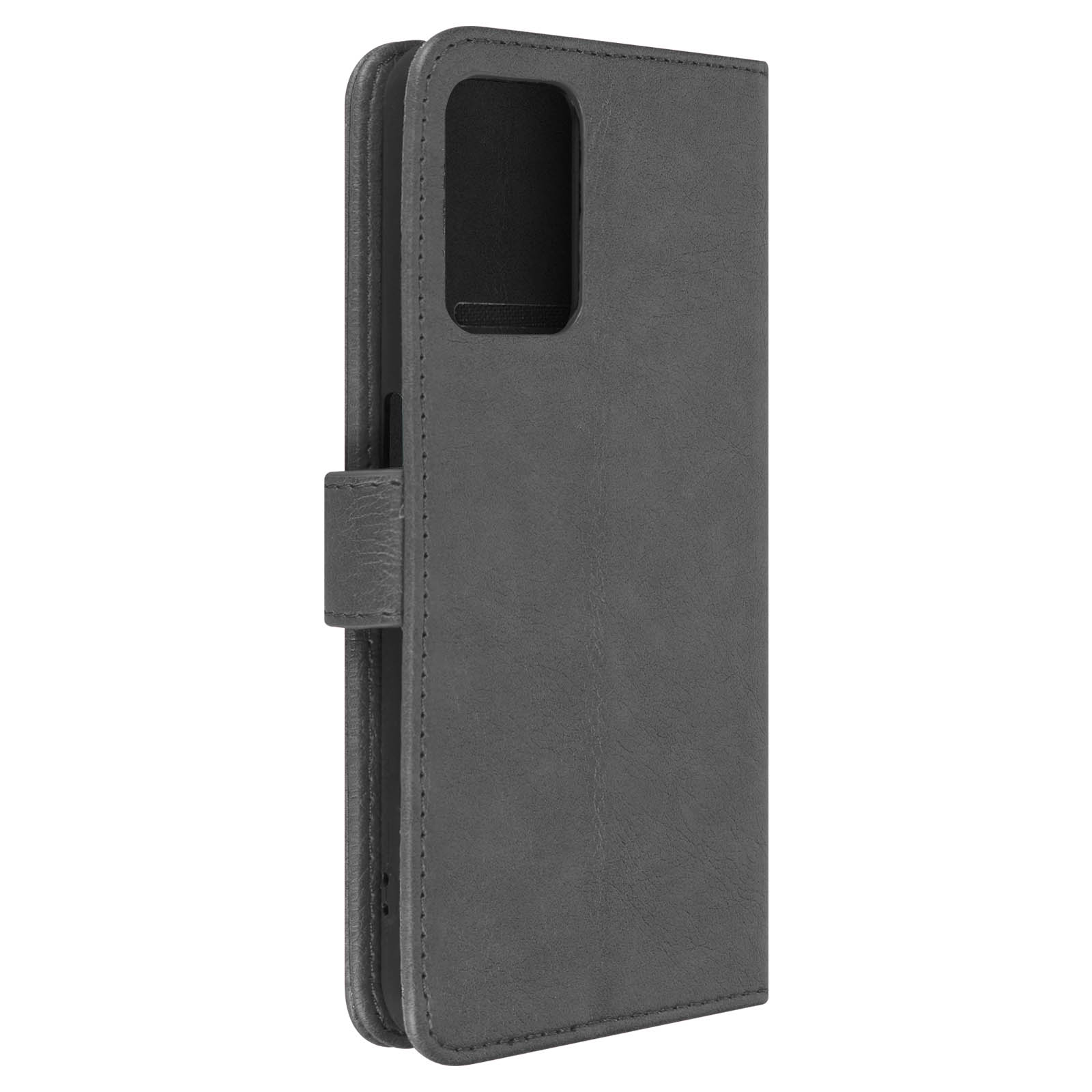 Custodia per telefono grigia, chiusa, con telefono all'interno. È visibile una chiusura magnetica.