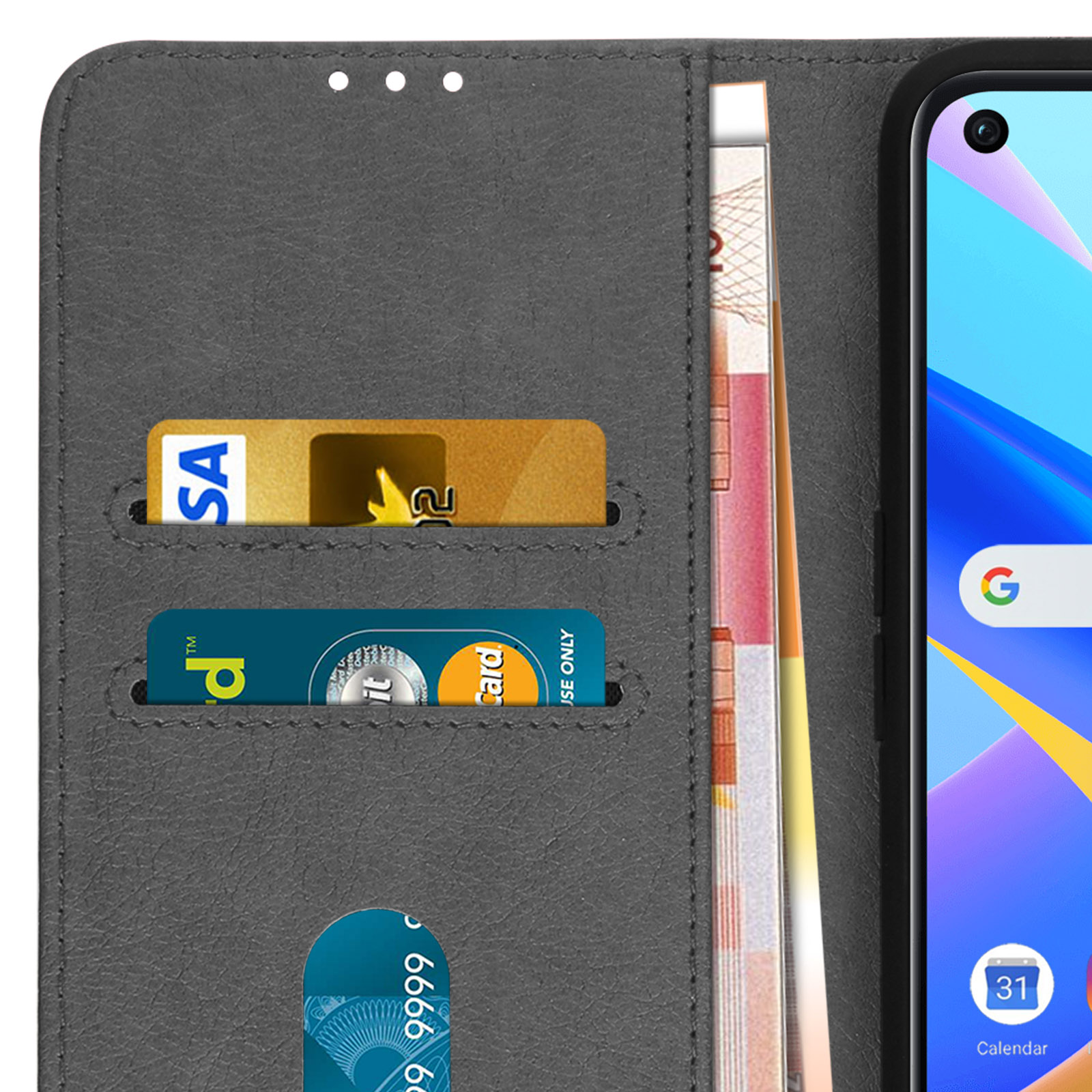 Custodia del telefono grigia aperta con carte e denaro. Carta di credito, debito e banconote euro.