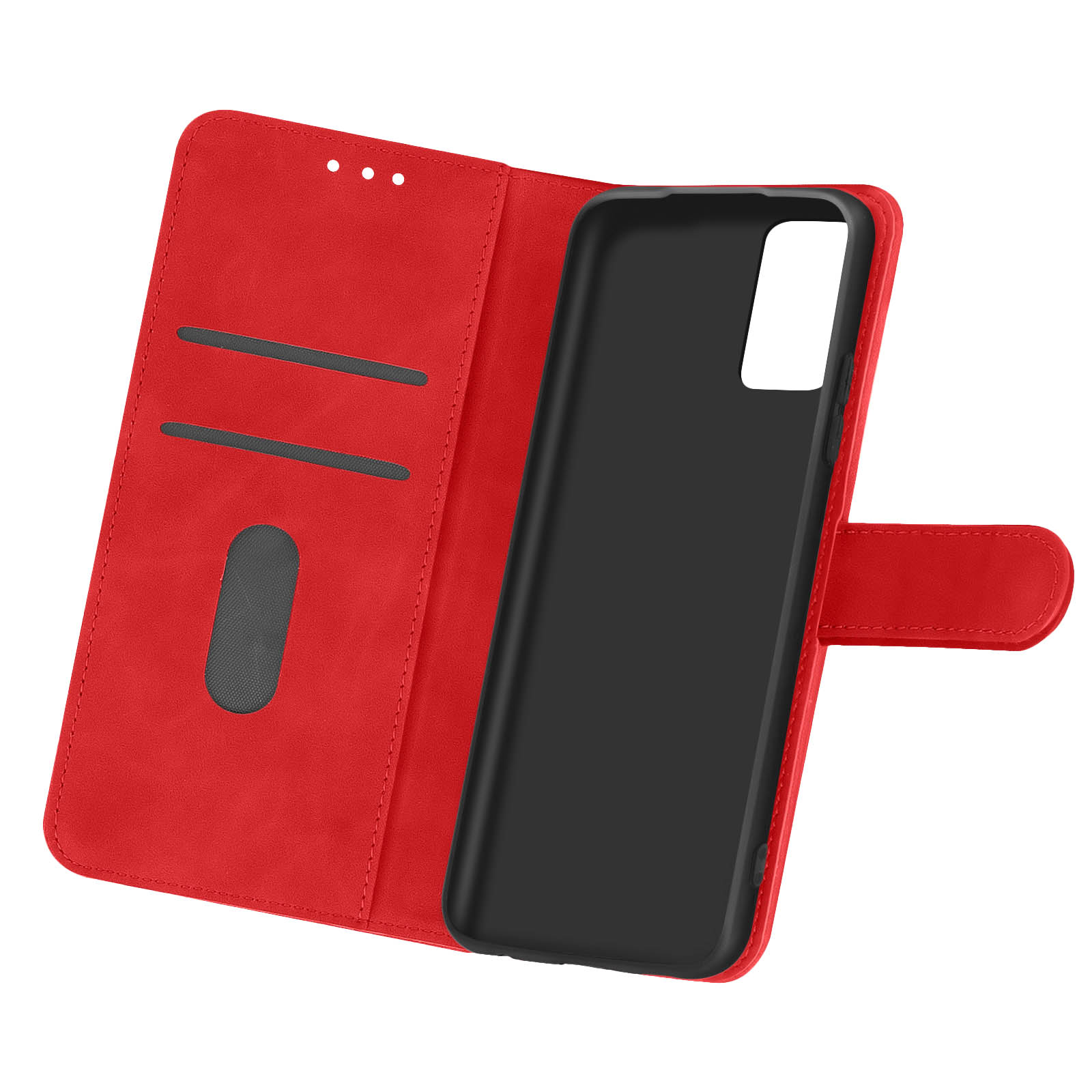 Étui de téléphone rouge avec design portefeuille. À l'intérieur, une fente pour carte et un support de téléphone. Ouvert.