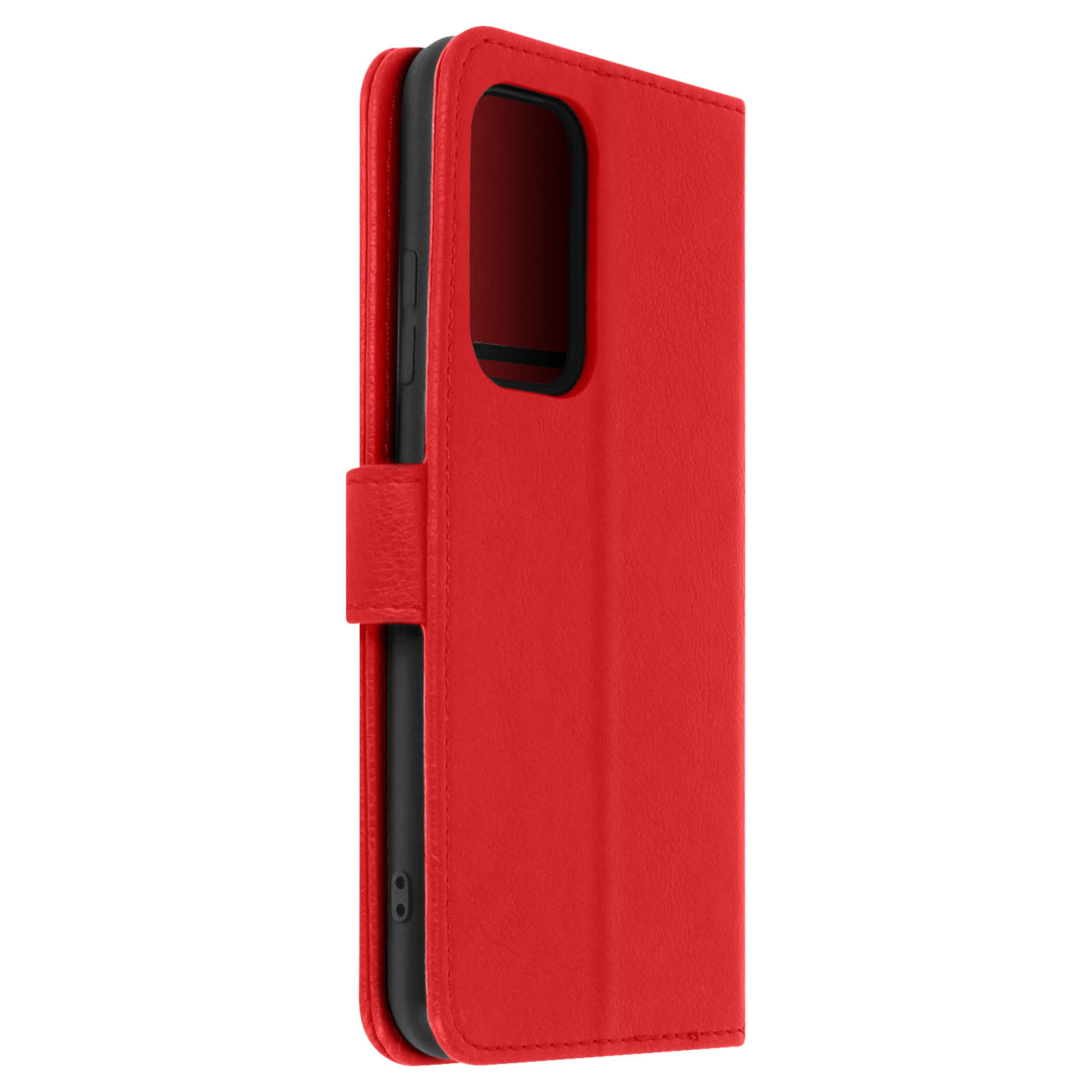 Étui rouge pour téléphone, texture simili cuir, fermé.