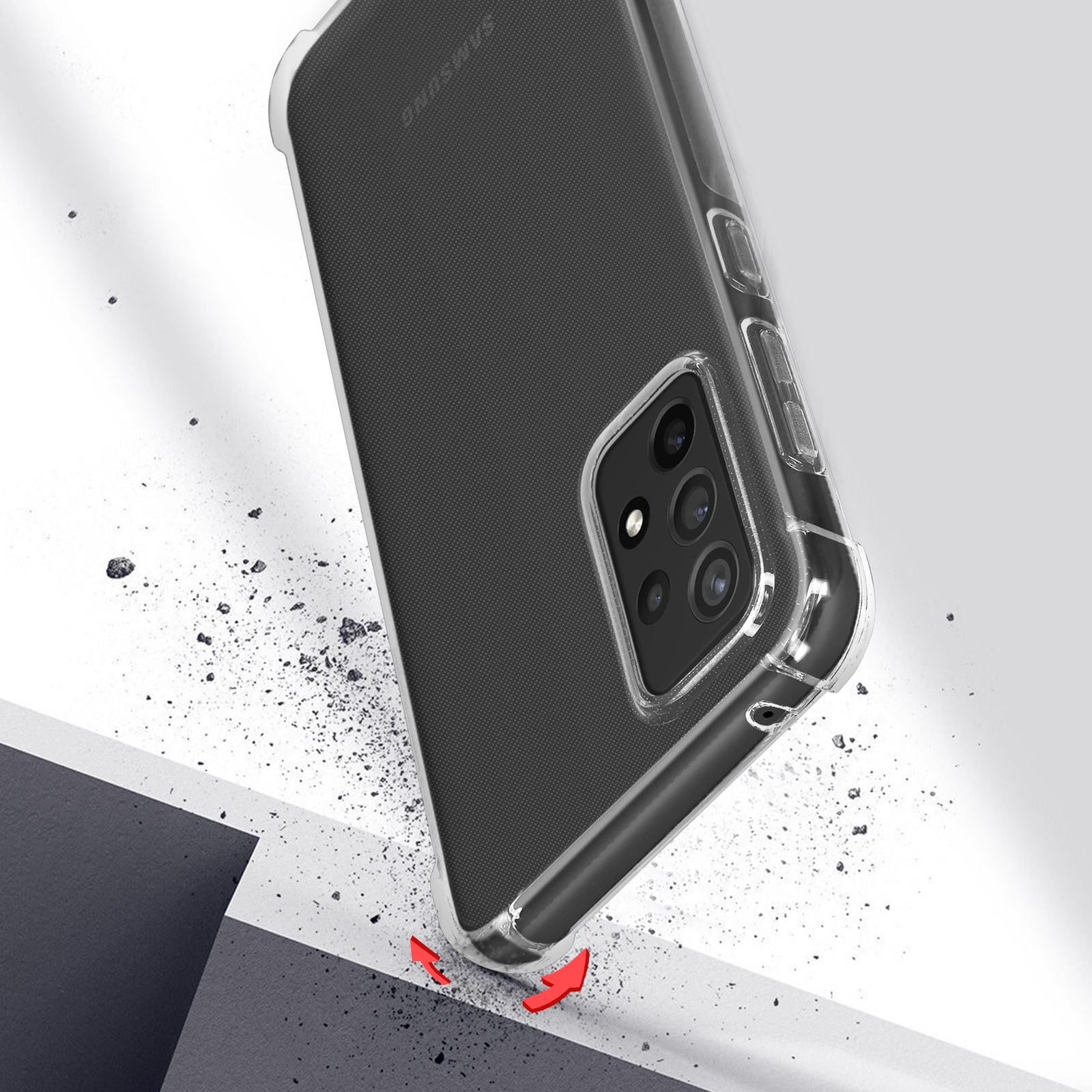 Un telefono con custodia trasparente, che cade, con la parte posteriore rivolta verso l'alto, detriti visibili.