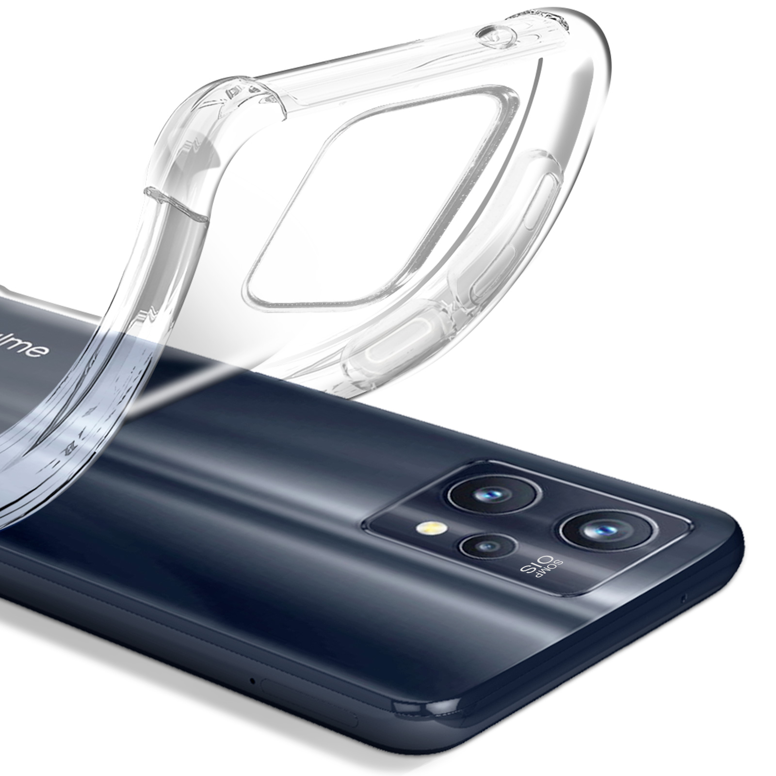 Una custodia trasparente è sopra un telefono blu scuro. La custodia è leggermente sollevata. Il telefono ha tre fotocamere.