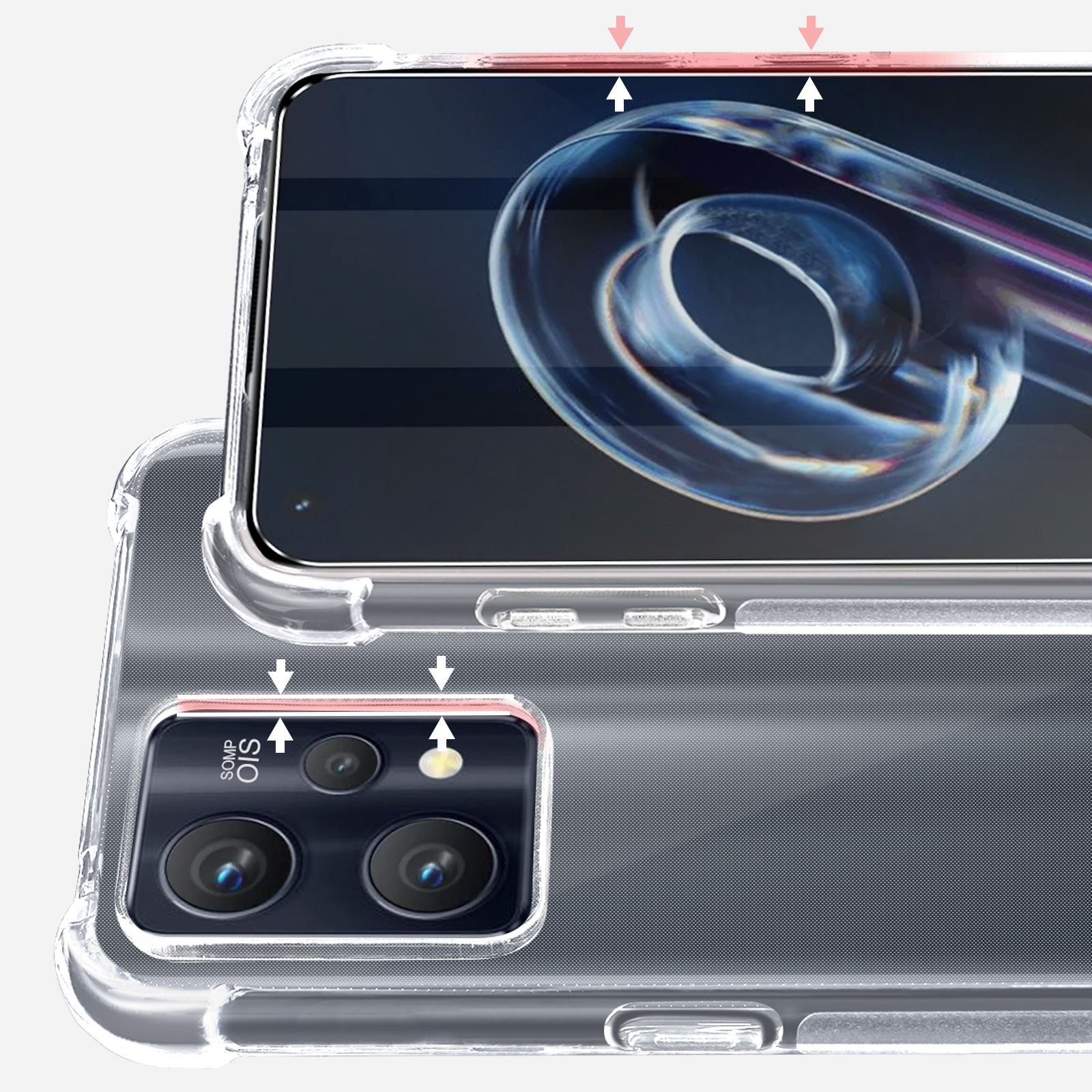 Una custodia trasparente per telefono con un telefono all'interno, che mostra la fotocamera e lo schermo.
