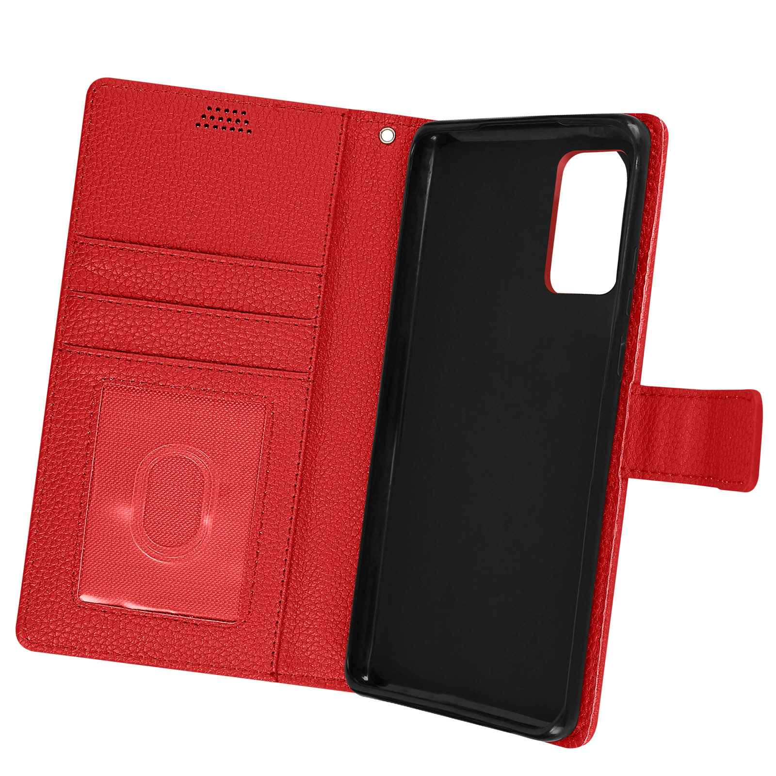 Custodia rossa per telefono, aperta per mostrare il telefono. Interno nero, con fessure per carte.