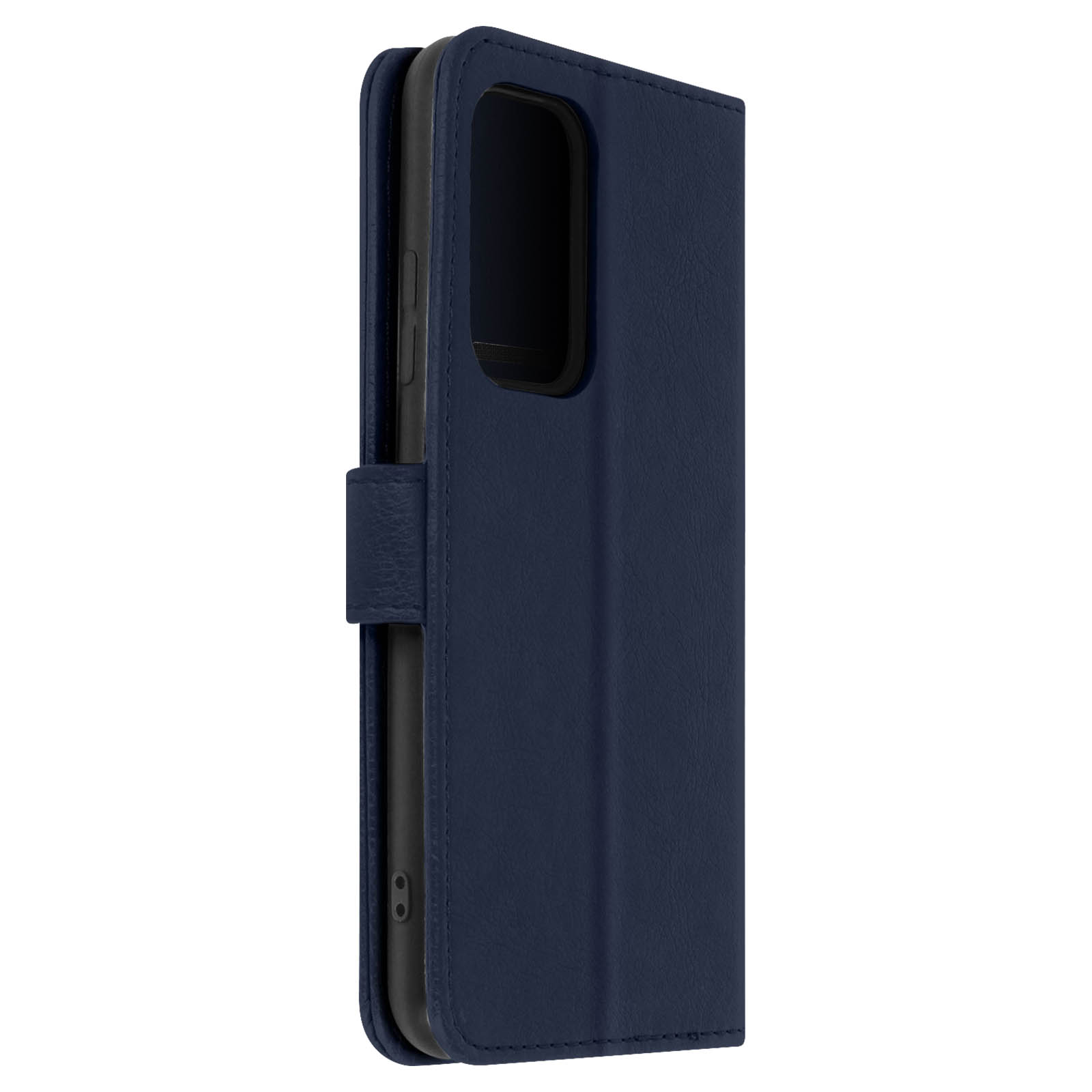 Una custodia per telefono blu navy, chiusa. Con chiusura magnetica e interno nero.