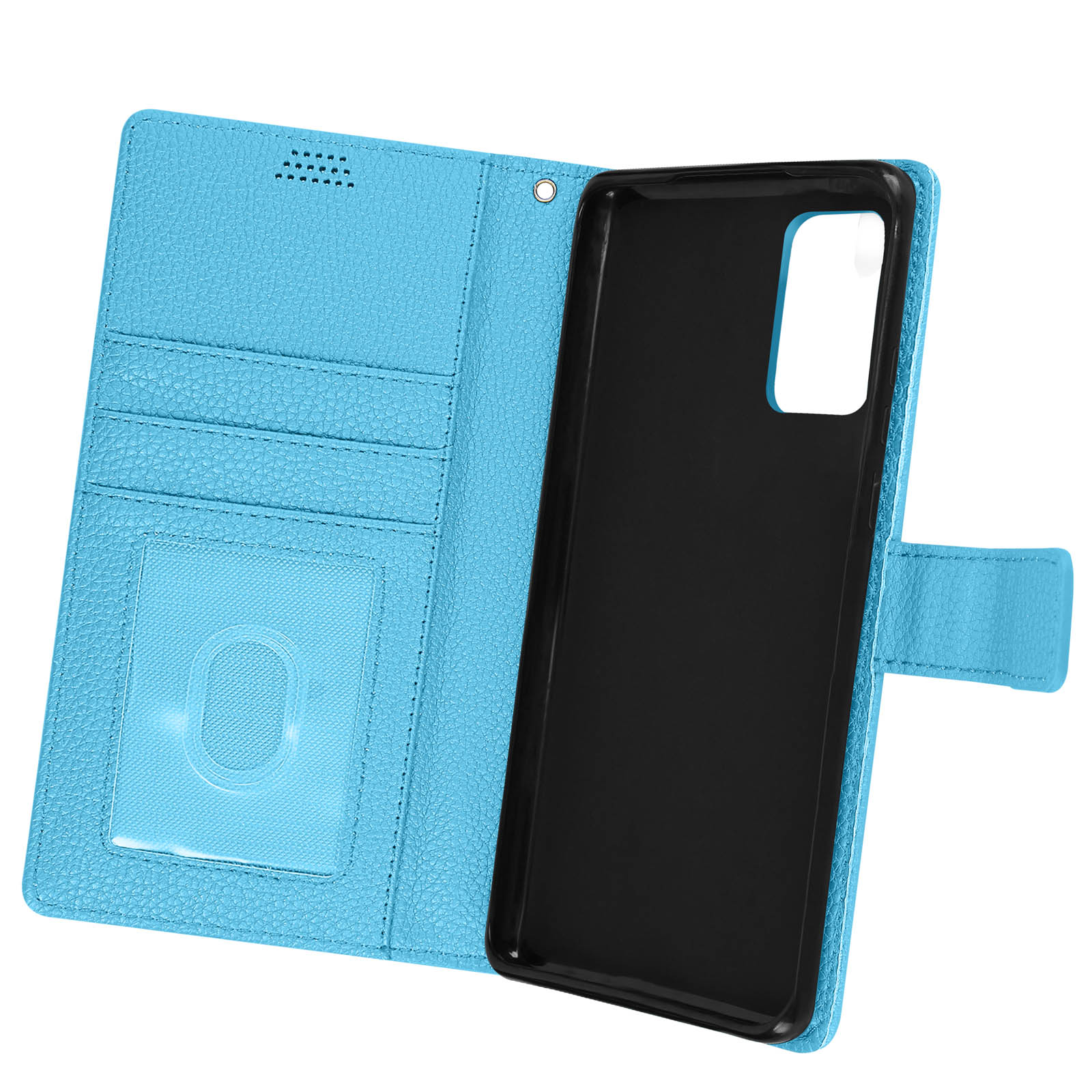 Custodia blu per telefono, aperta. Interno con scomparti per carte e supporto per telefono. Contorno nero del telefono.