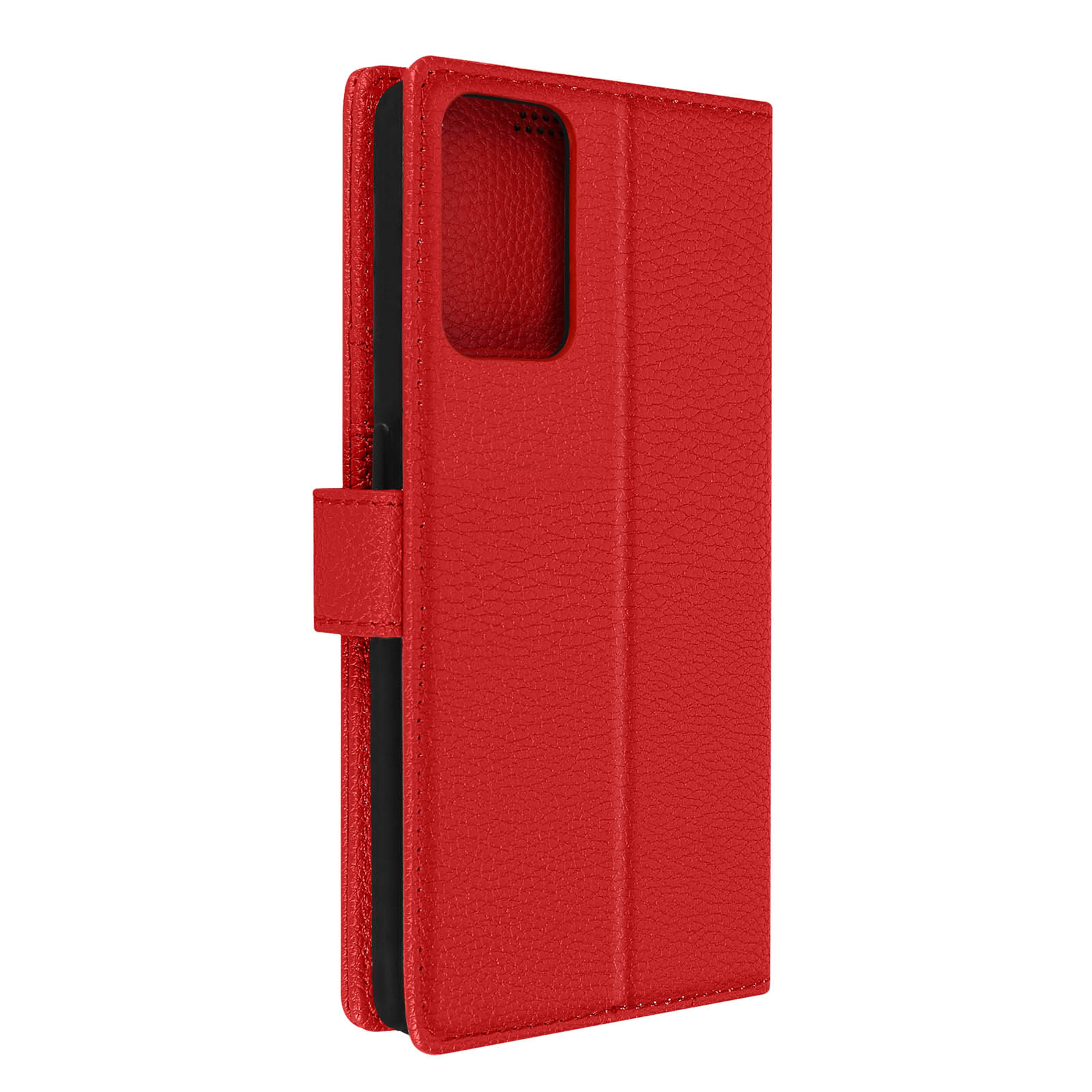 Custodia per telefono rossa, aperta, con telefono all'interno.