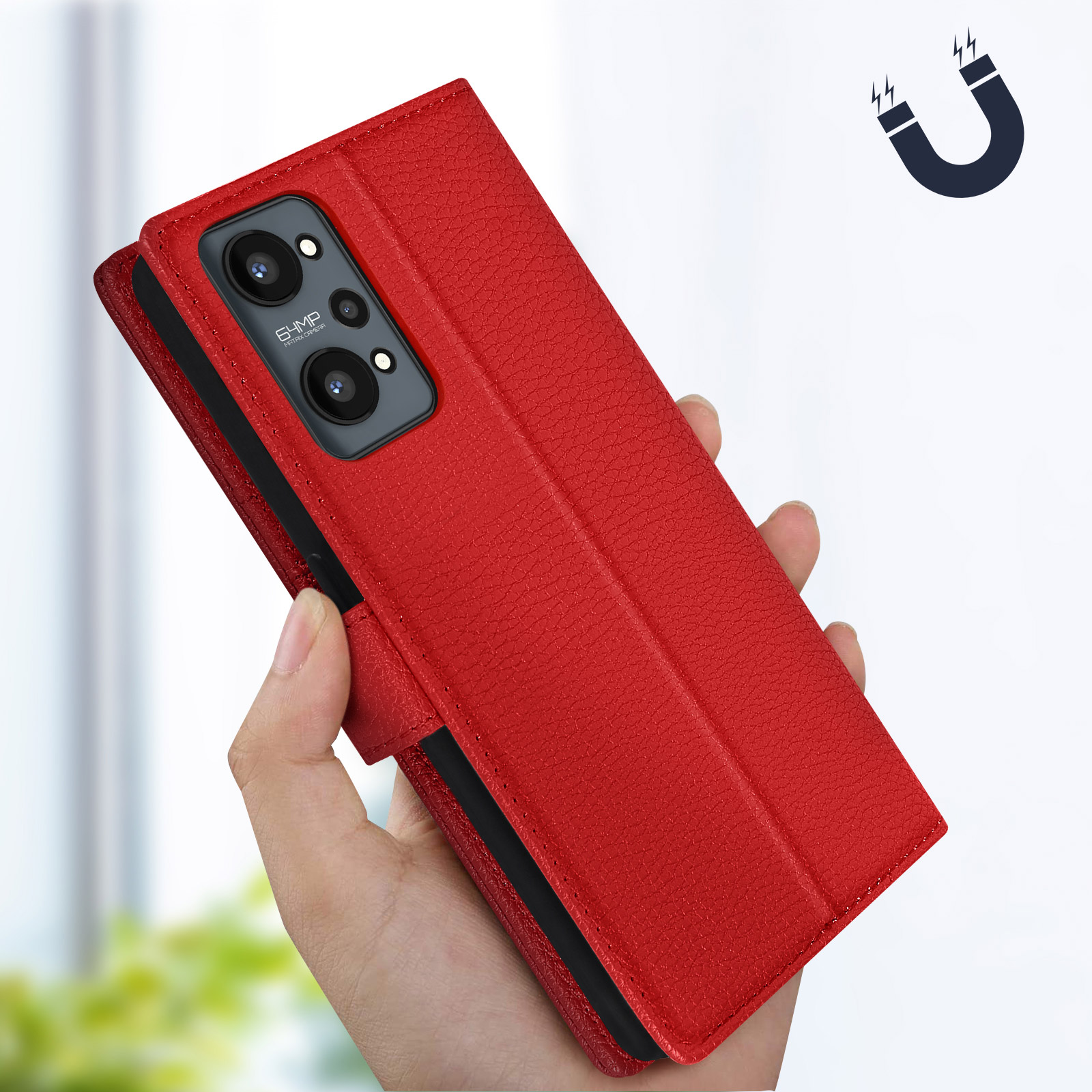 Una mano che tiene una custodia rossa per telefono. Un simbolo di magnete è sopra la custodia. Un telefono è dentro.