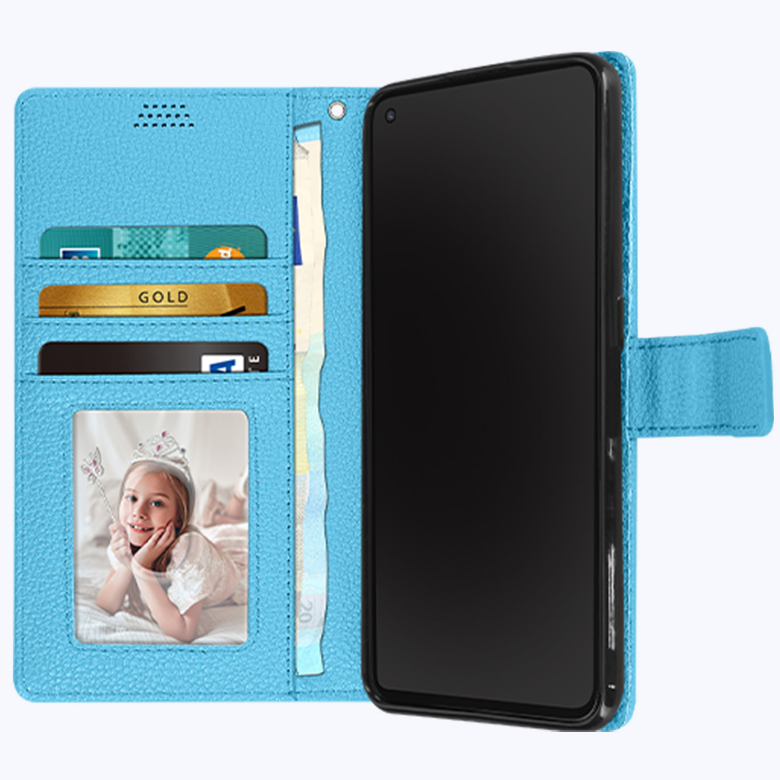 Custodia a portafoglio blu con telefono. Ha foto di ragazza in cornice e fessure per carte.