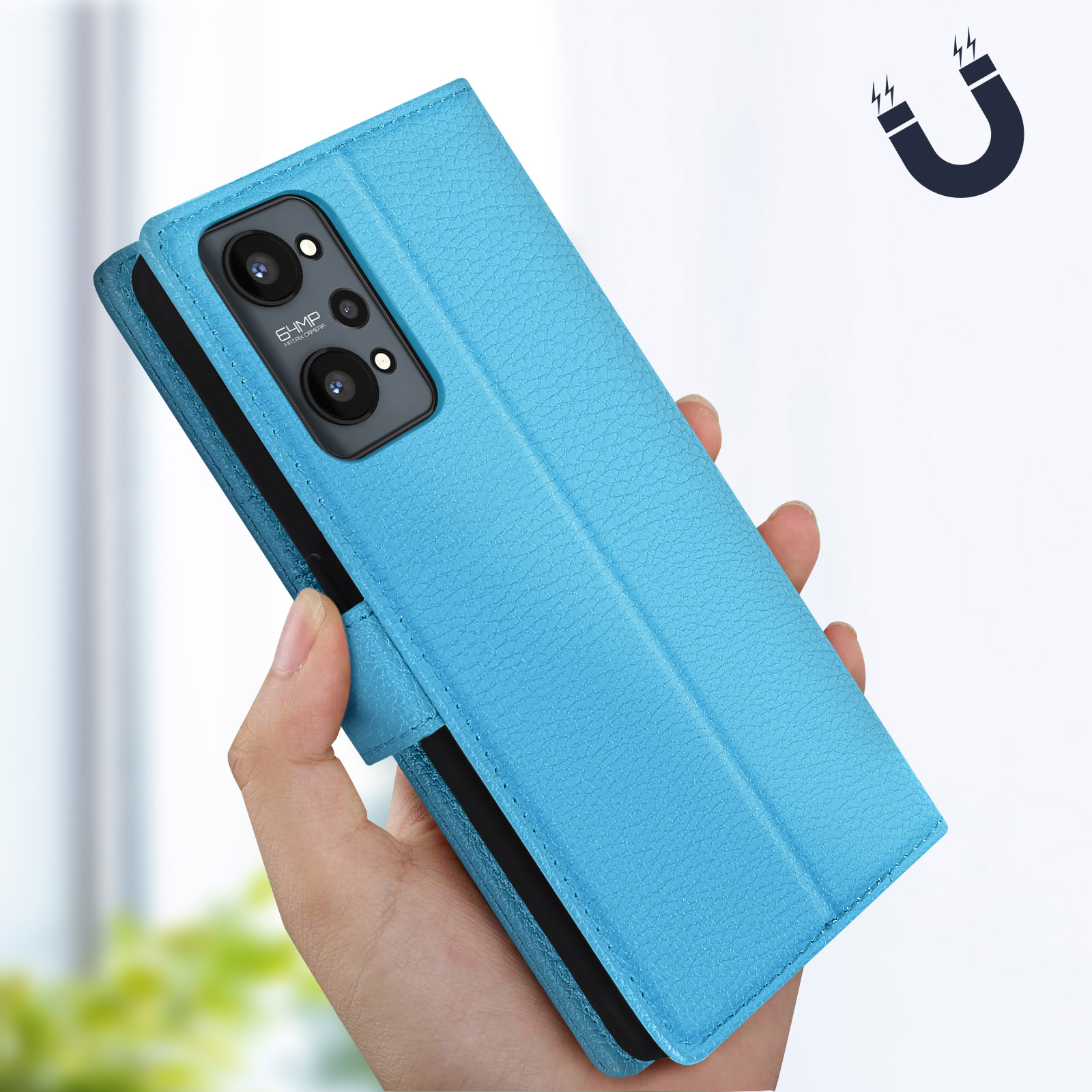 Custodia per telefono in pelle blu, aperta, che tiene un telefono. Icona magnete in alto a destra.