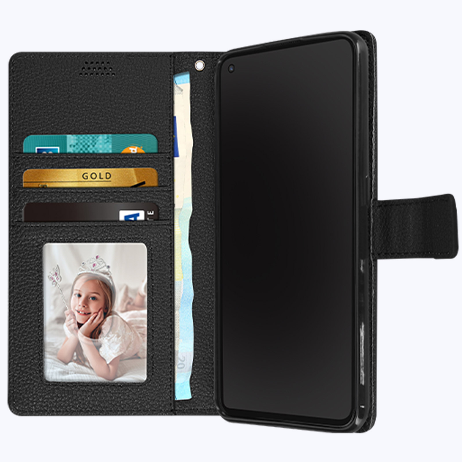 Custodia per telefono nera aperta con foto, carte e denaro. Il telefono è all'interno. Sfondo chiaro.
