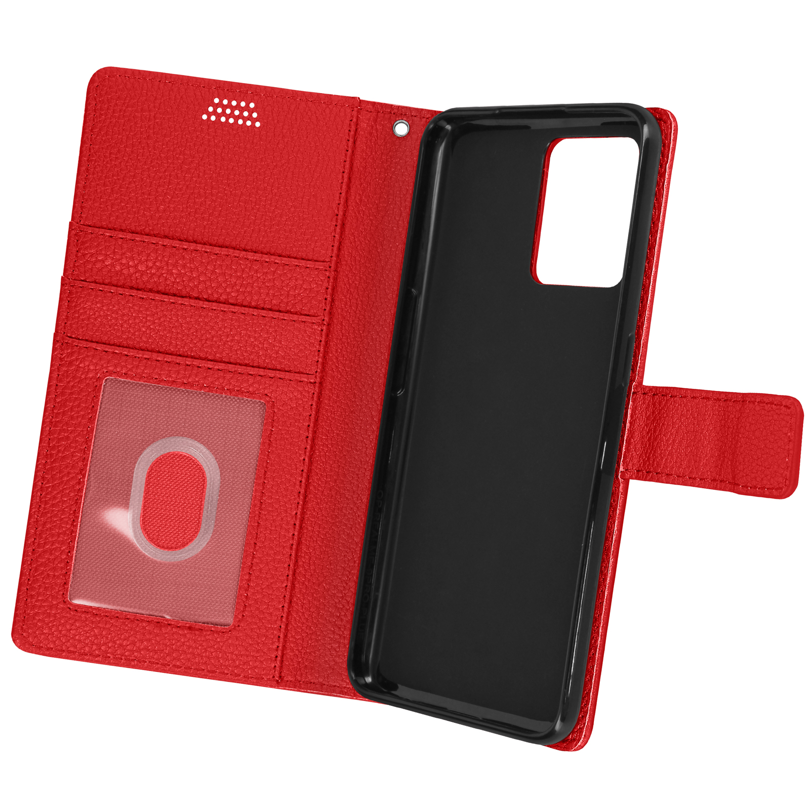 Custodia per telefono rossa, aperta, con fessure per carte e un telefono nero all'interno. La custodia ha uno slot ID trasparente.