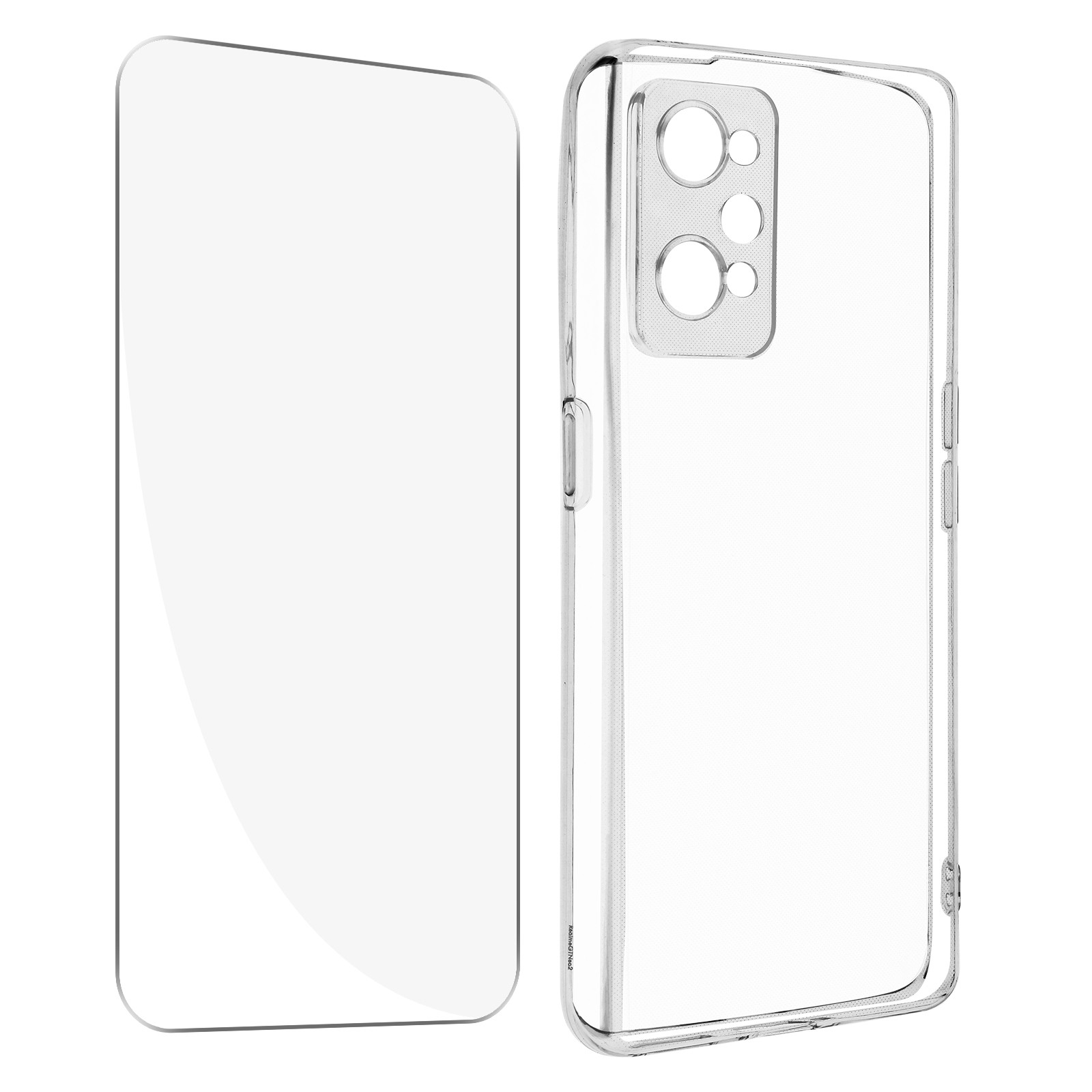 Protezione schermo e custodia trasparente per telefono. Entrambi su sfondo bianco.