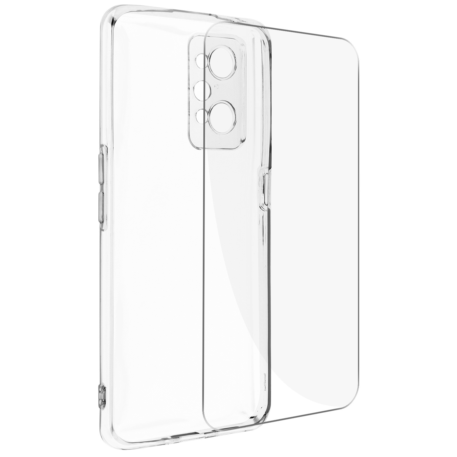 Custodia trasparente per telefono. È trasparente e si adatta alla forma del telefono. Due parti visibili.