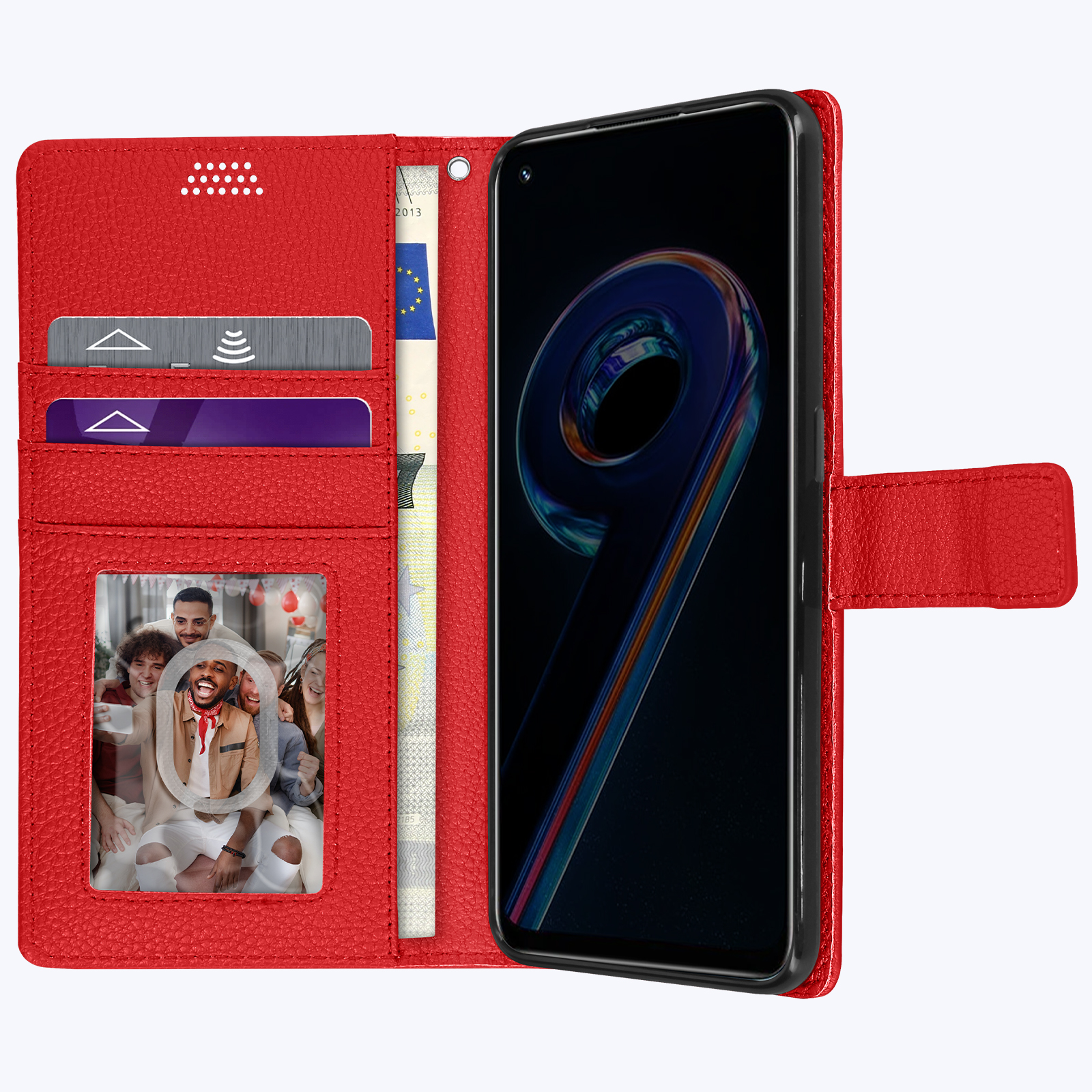 Custodia rossa per telefono con carte e foto. Un telefono sul lato destro mostra lo schermo.