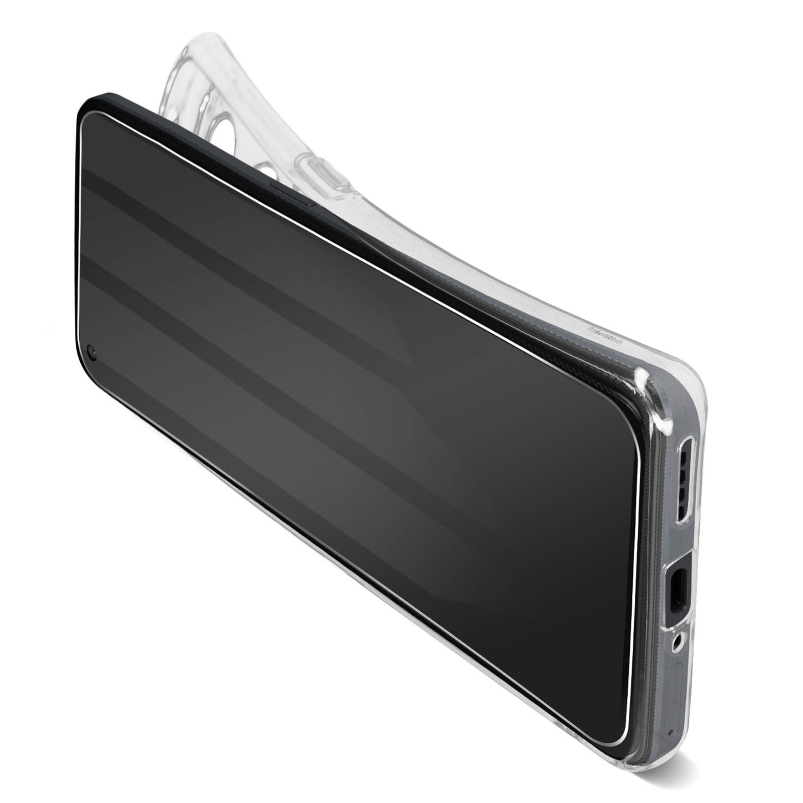Il telefono poggia su una custodia trasparente e una protezione per lo schermo. La parte posteriore del telefono è visibile. La custodia e la protezione sono trasparenti.