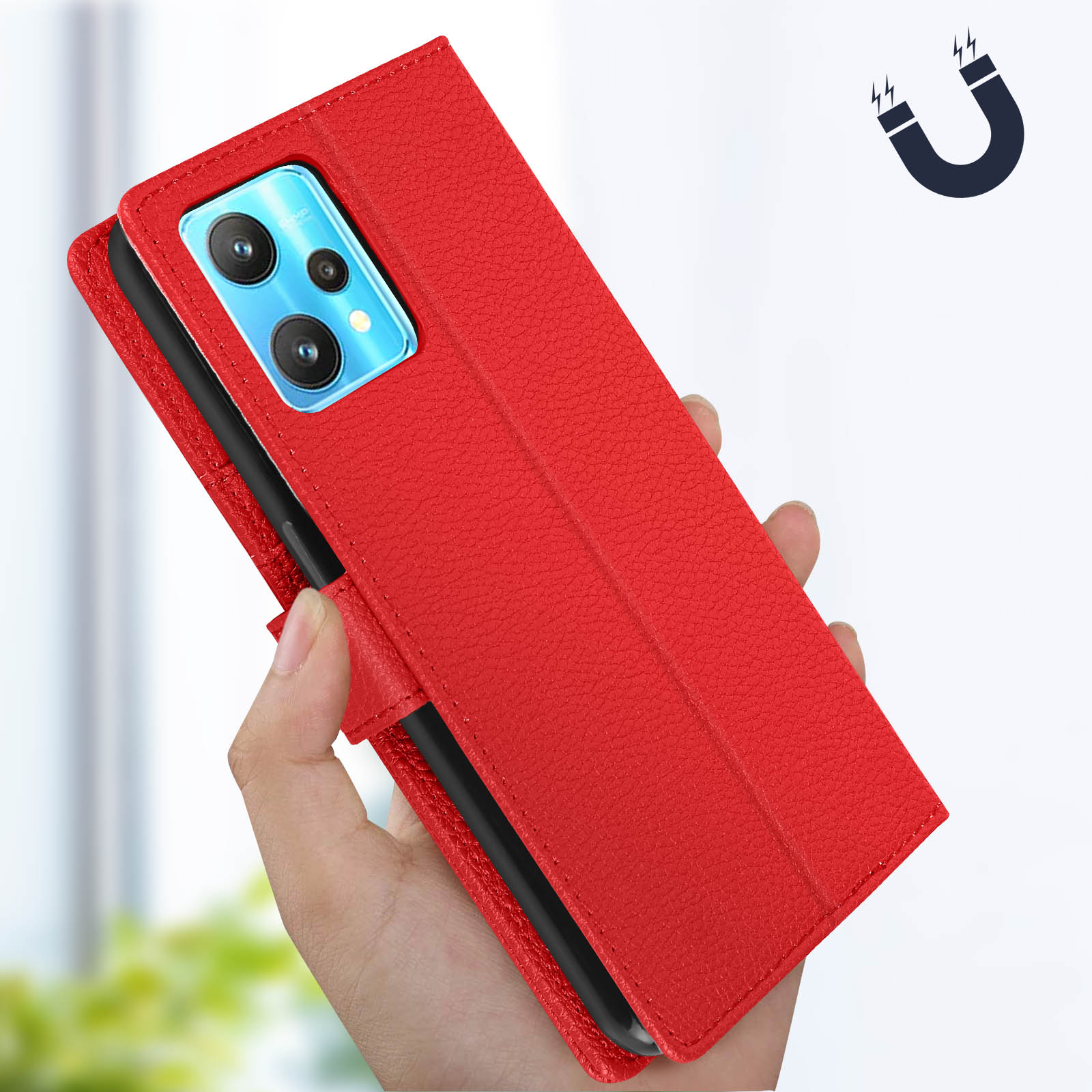 Custodia in pelle rossa per telefono con telefono. Una mano tiene la custodia con un simbolo magnetico.