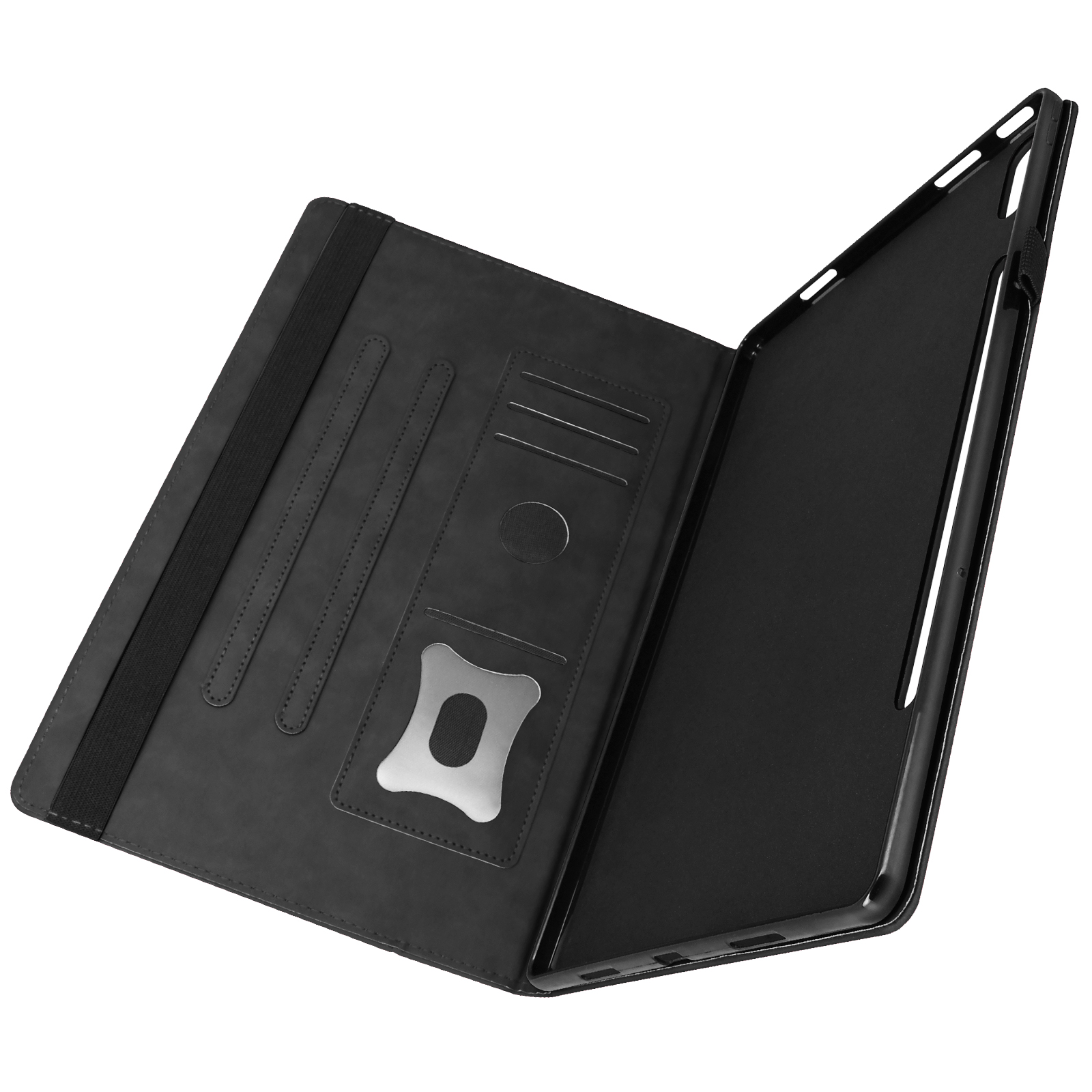 Custodia a libro nera similpelle aperta. Interno con scomparti per carte, fascia elastica. Contorno a forma di telefono a destra.