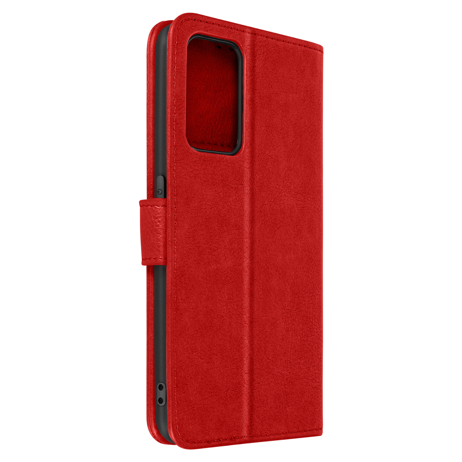 Custodia per telefono in pelle rossa, chiusa, con patta e chiusura magnetica.