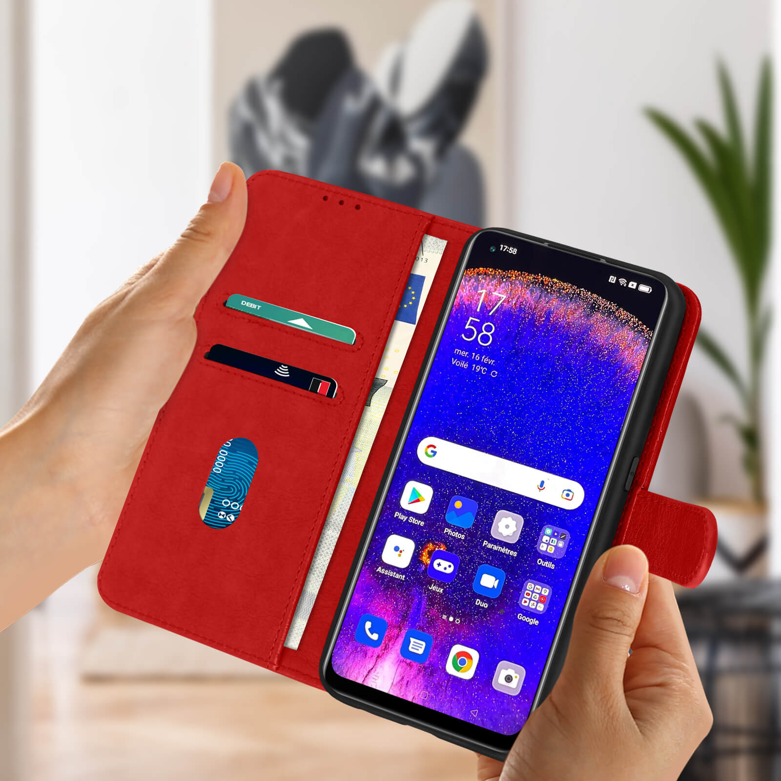 Custodia rossa per telefono. Aperta, mostra telefono con icone app e carte.