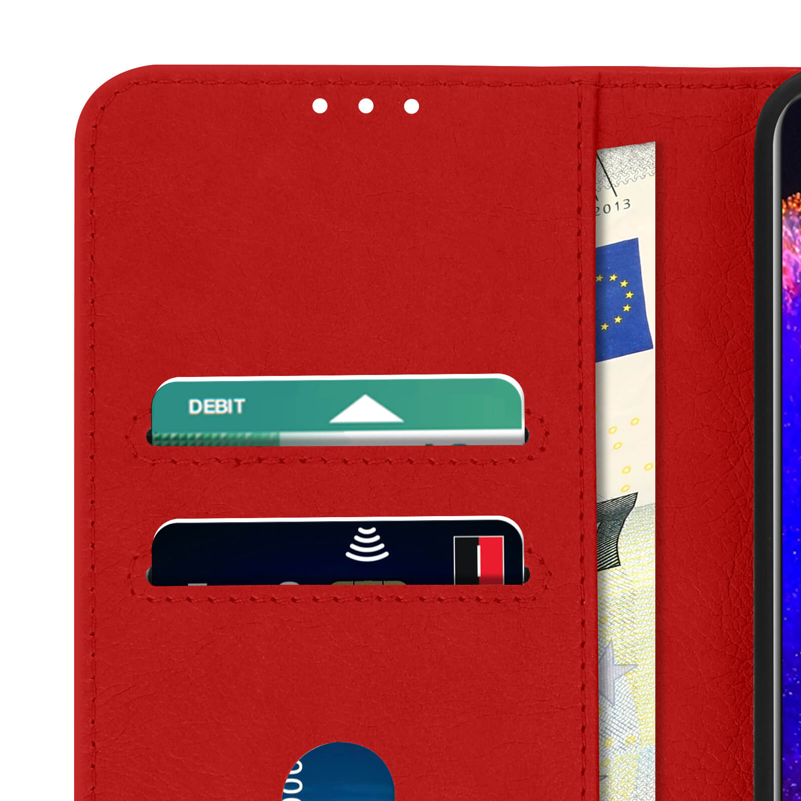 Custodia rossa, aperta, con fessure per carte e banconota visibile.