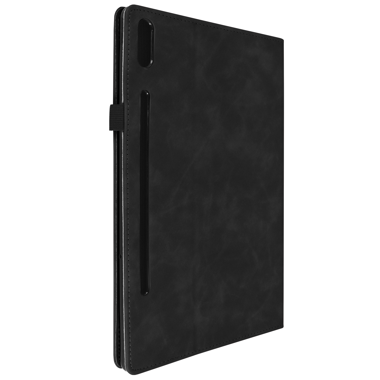 Custodia per tablet nera, chiusa, con una vista laterale che mostra uno slot per penna e un elastico.