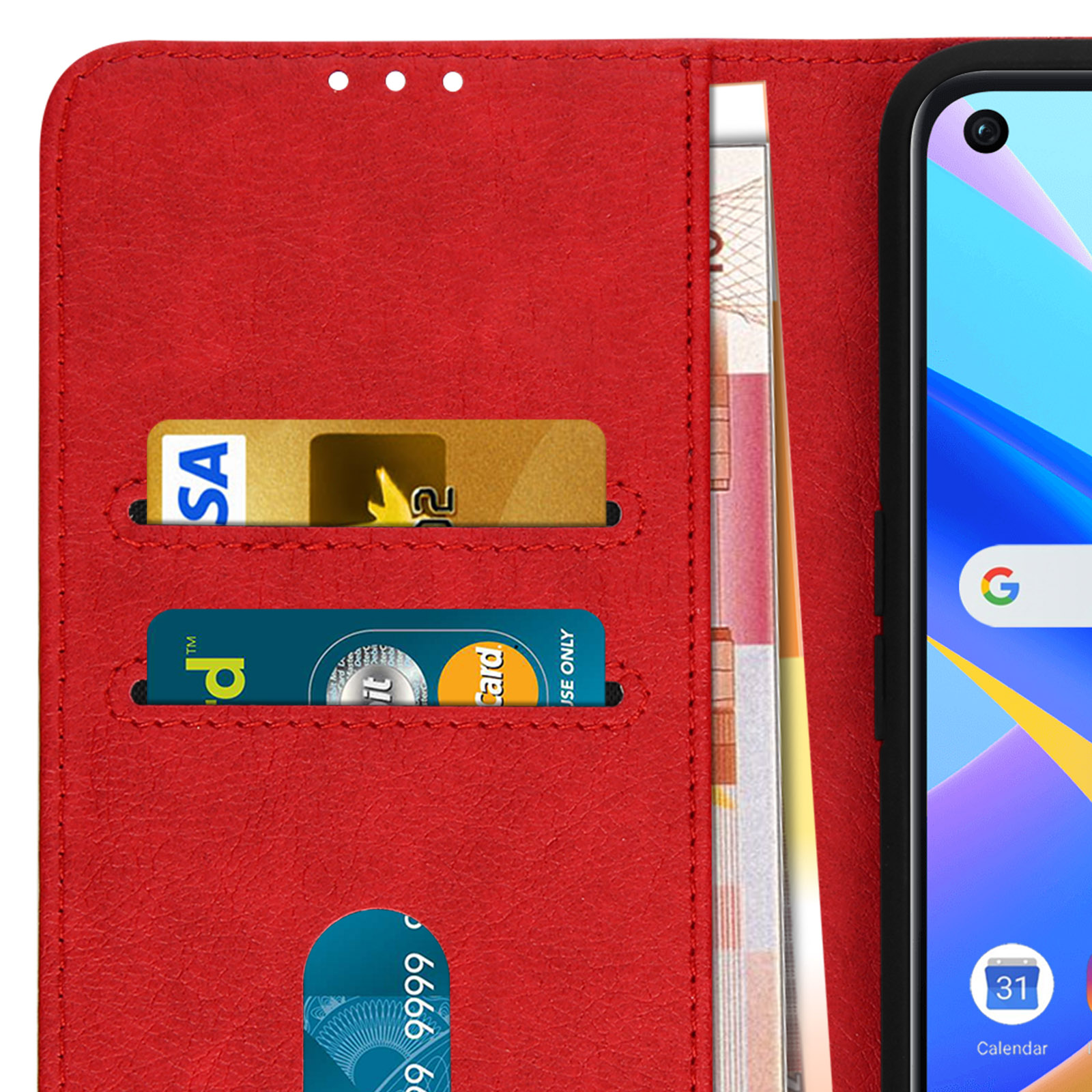 Rode telefoonhoes open om creditcards en contant geld te laten zien.