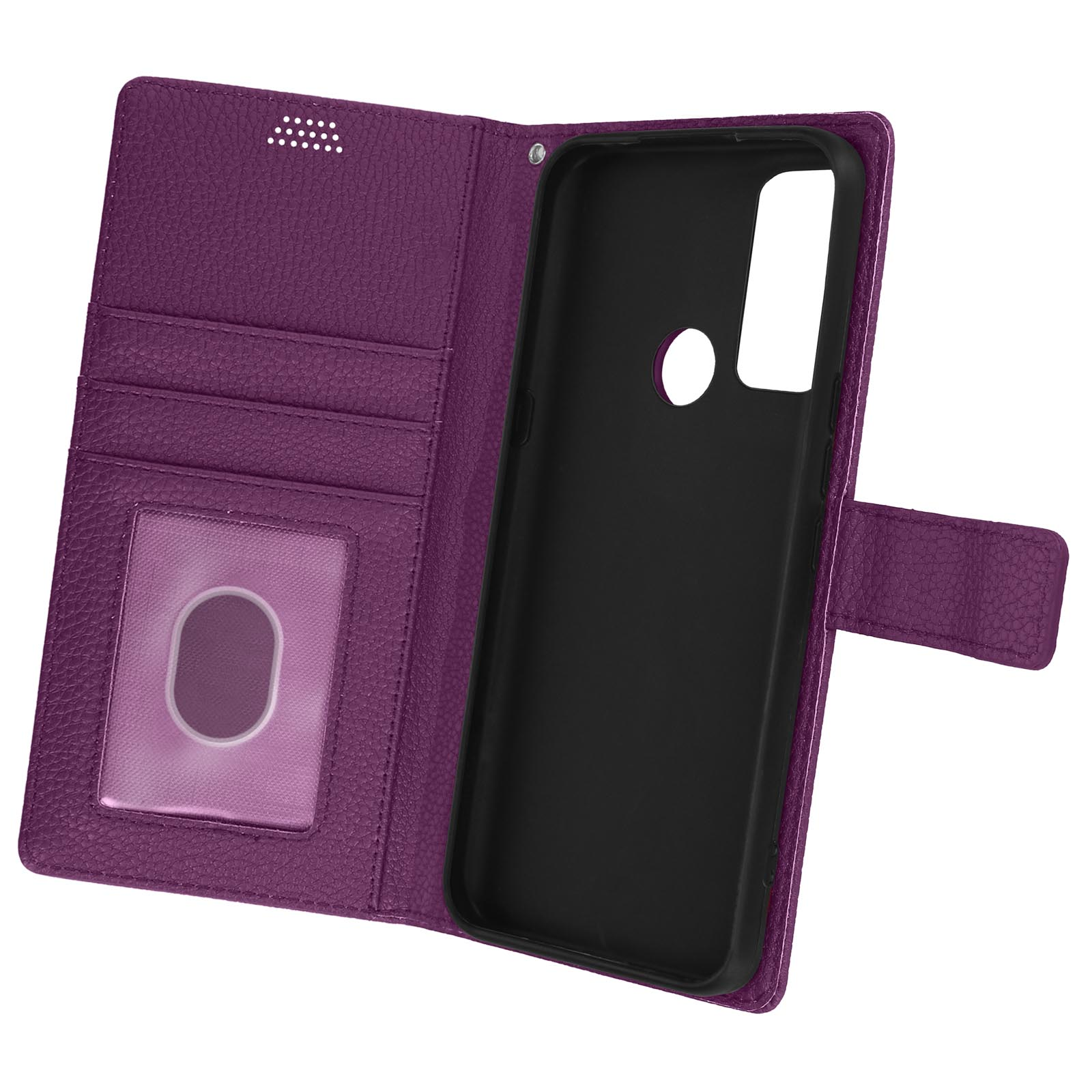 Custodia per telefono viola aperta con un telefono nero all'interno e fessure per carte.