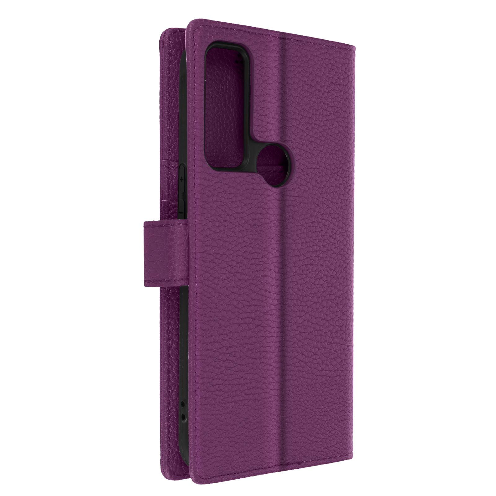 Custodia per telefono in pelle viola, chiusa con chiusura magnetica.