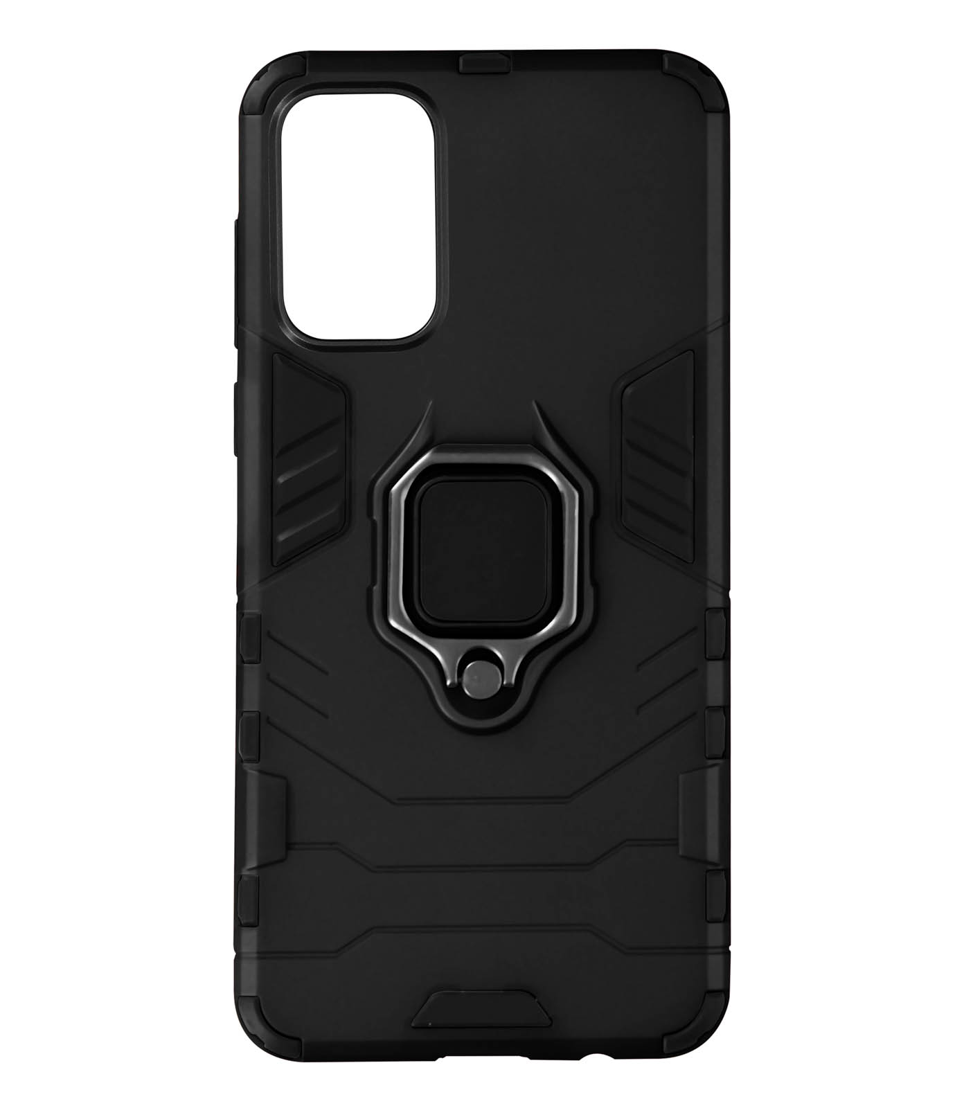 Custodia per telefono nera con supporto ad anello e ritaglio quadrato per fotocamera.