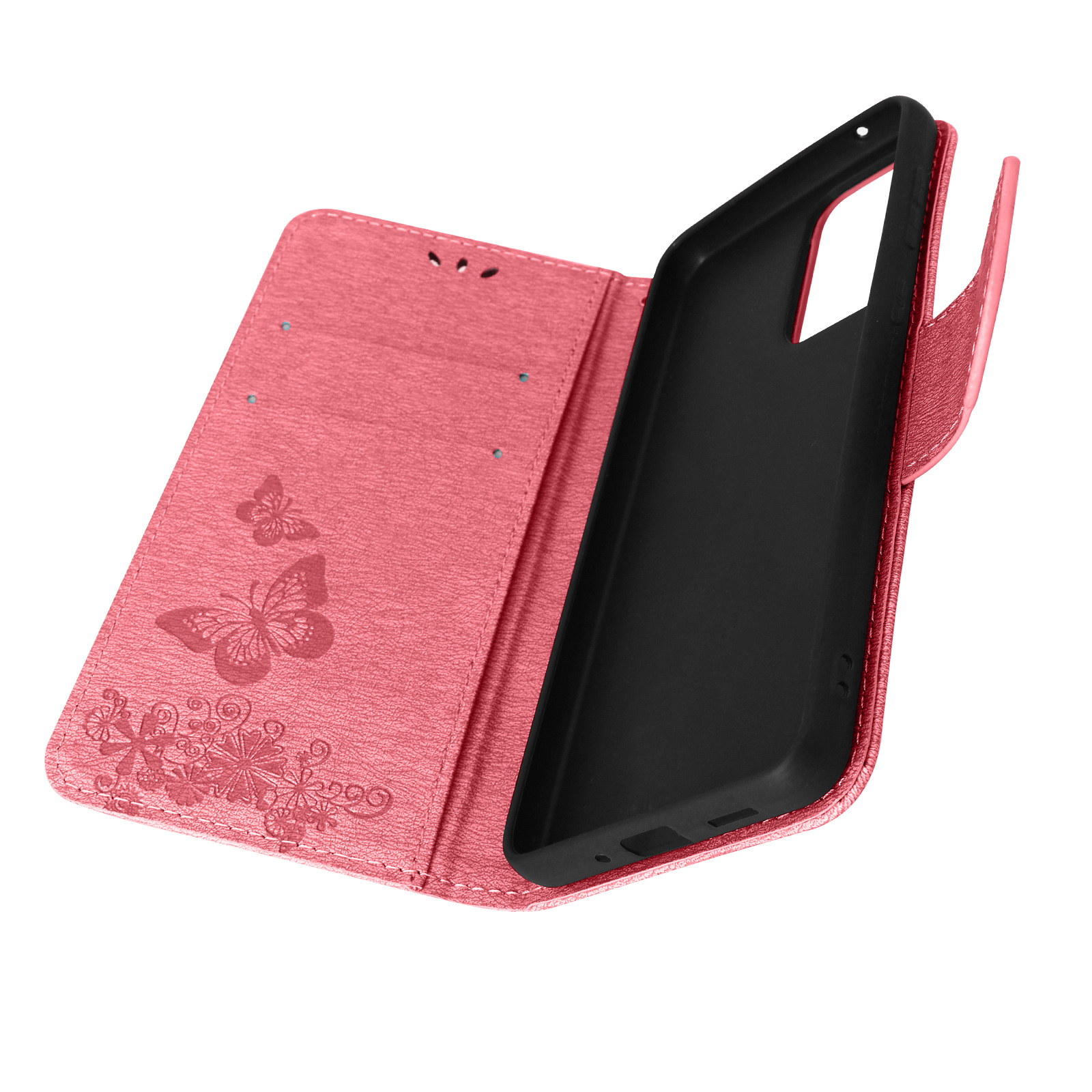 Custodia rosa per telefono, aperta, con disegno a farfalla. Interno nero. Sfondo bianco.
