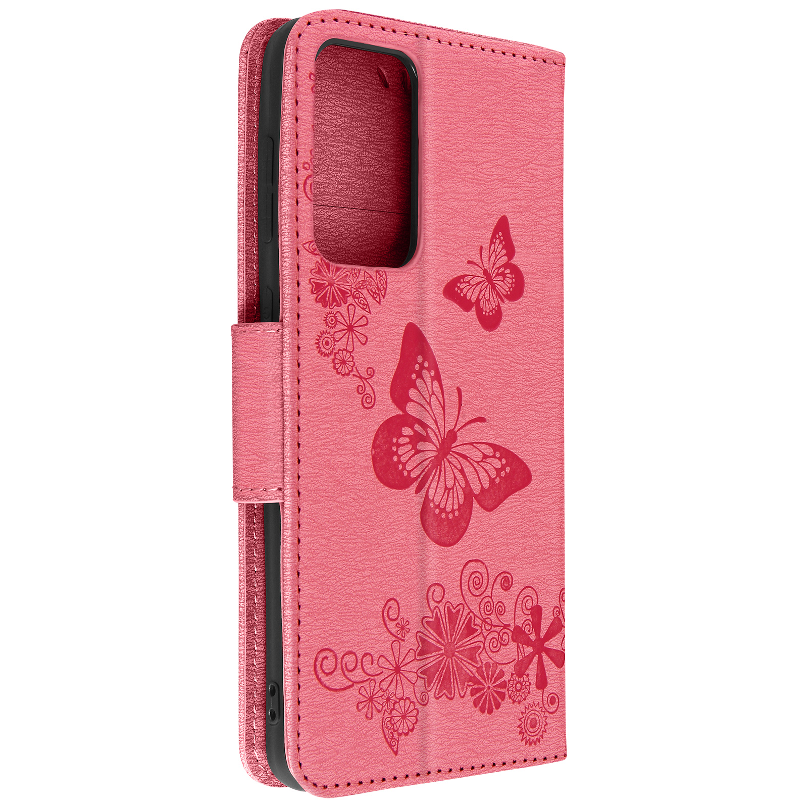 Custodia rosa per telefono con design a farfalla e motivi floreali. Sfondo bianco.