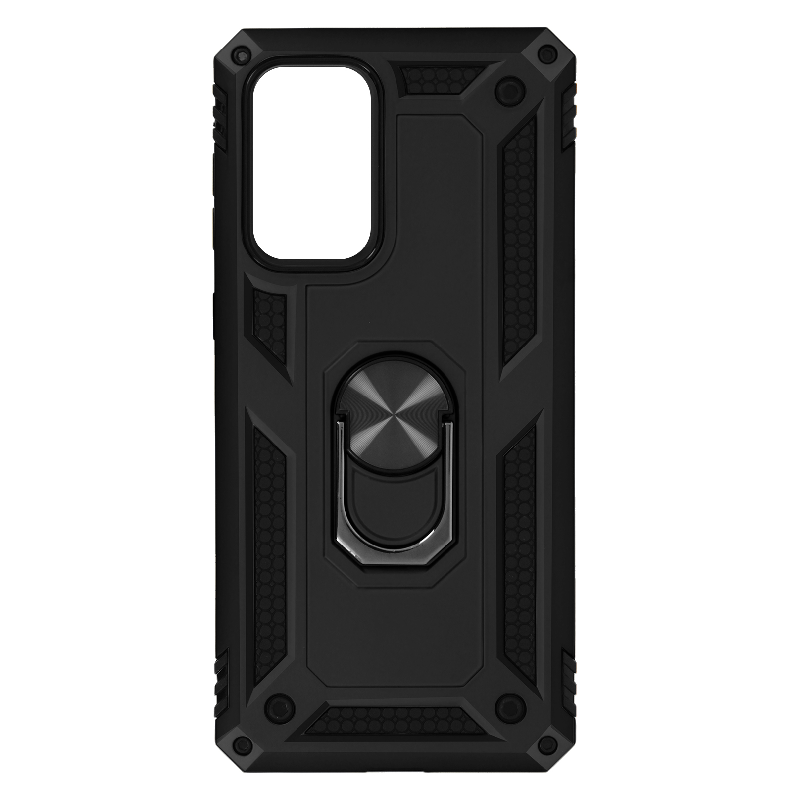 Custodia per telefono nera con anello di supporto e design posteriore strutturato.
