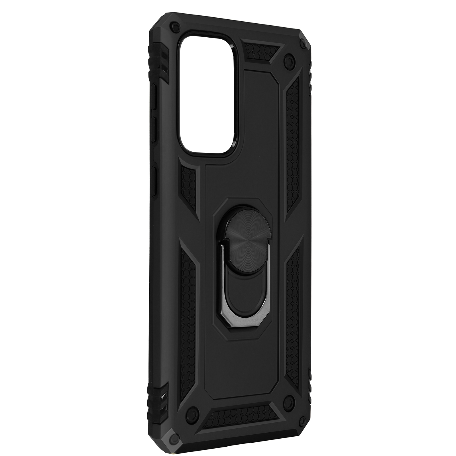 Custodia per telefono nera con un porta anello. La custodia è su una superficie bianca. La fotocamera è visibile.