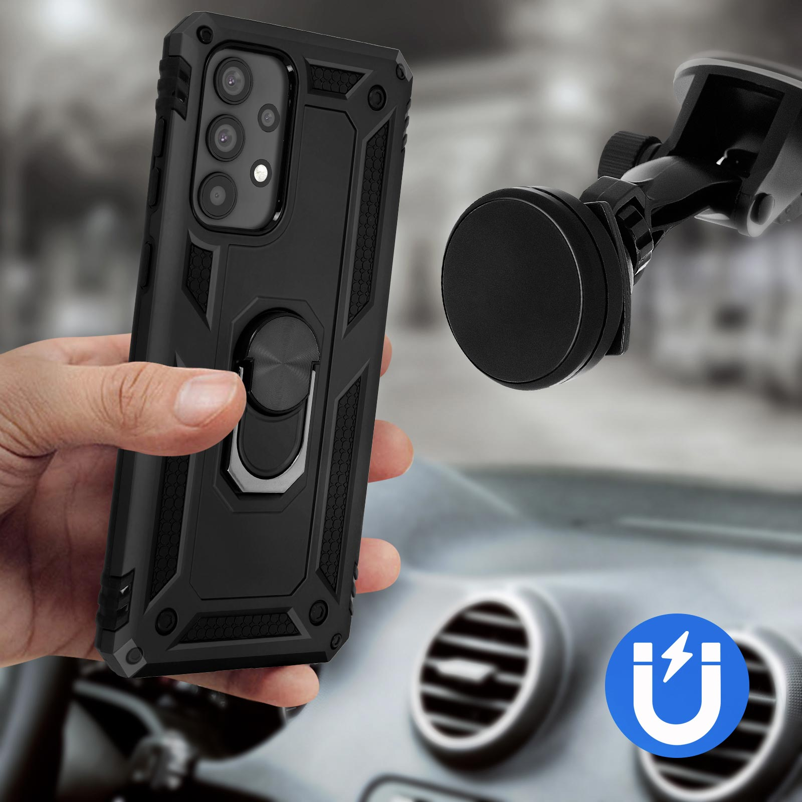 Custodia per telefono nera con anello argentato, tenuta da una mano, con supporto magnetico per auto.