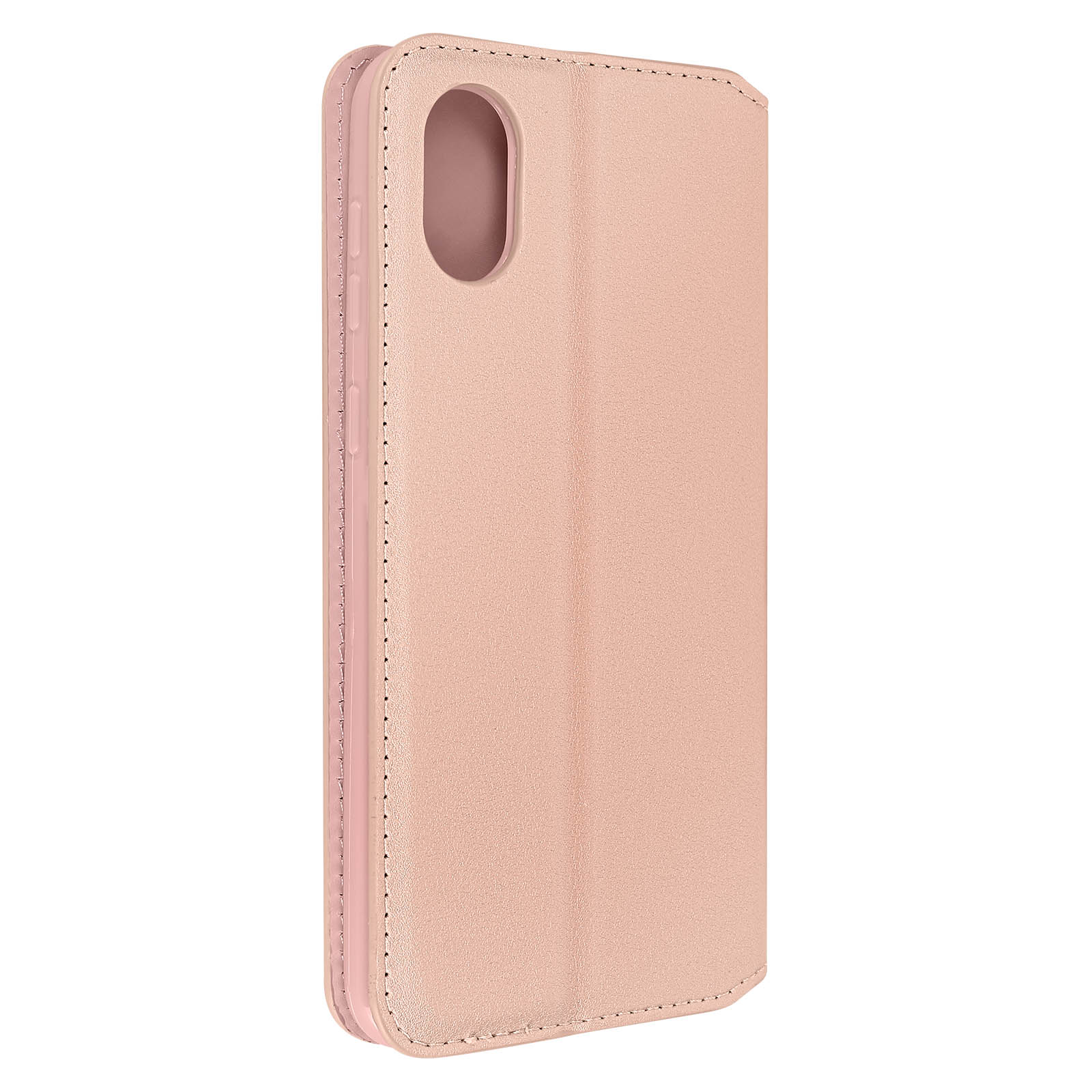 Custodia rosa per telefono, aperta, con ritaglio per fotocamera e pulsanti. Tinta unita rosa.