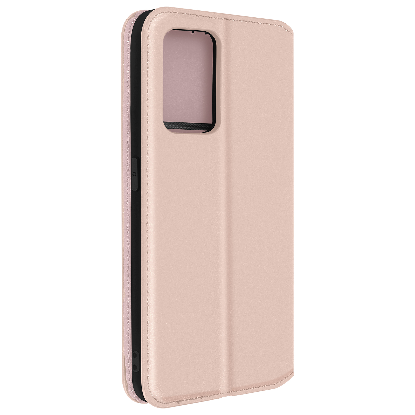 Custodia rosa per telefono con schermo, chiusa, su sfondo bianco.