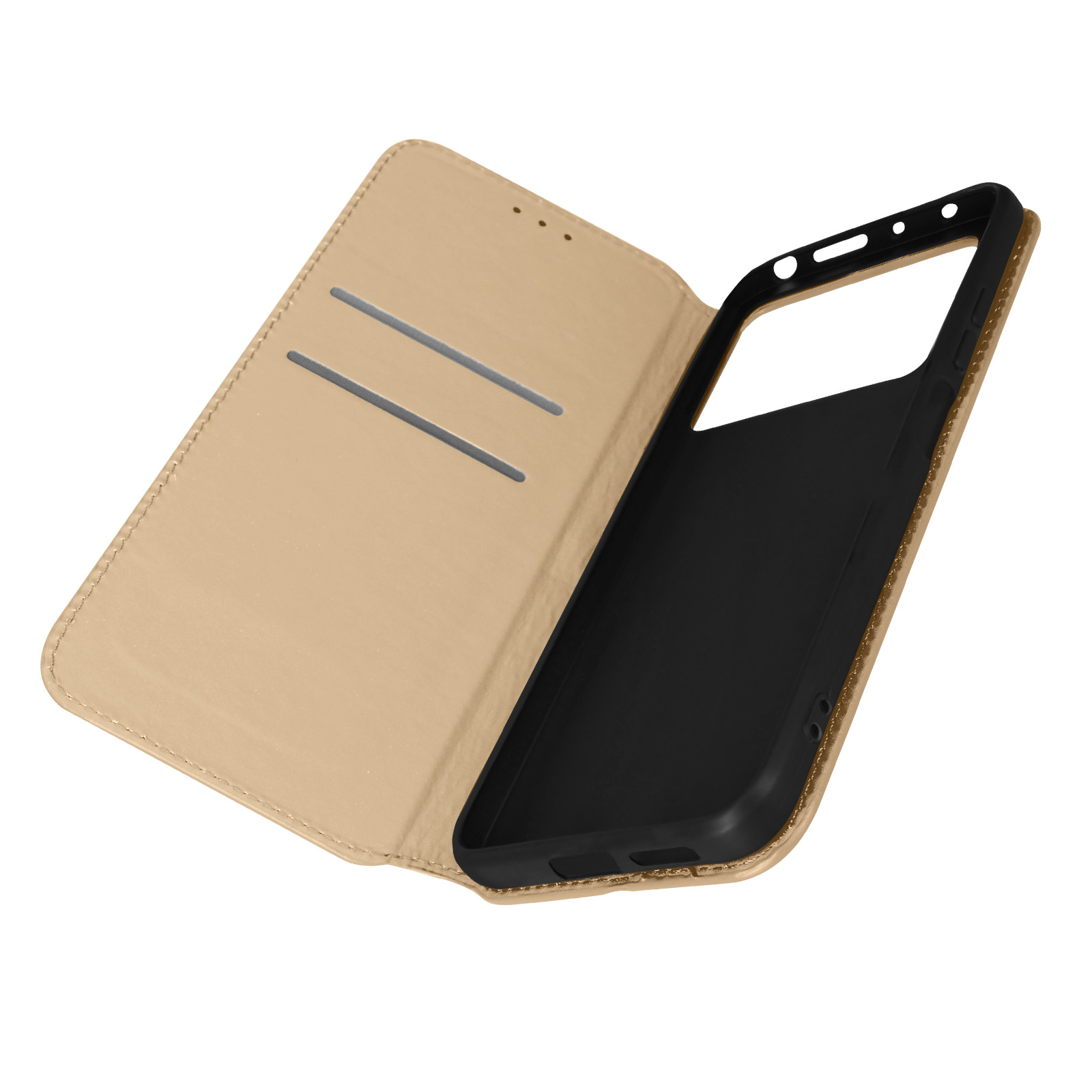 Custodia del telefono aperta, esterno beige con fessure per carte, interno nero.