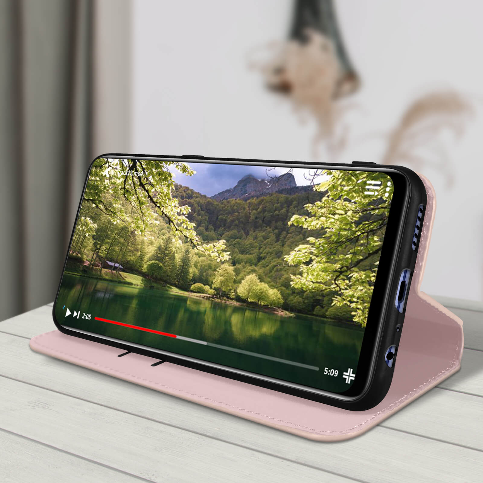 Un telefono in una custodia rosa che mostra un video di un lago, con pulsante play.