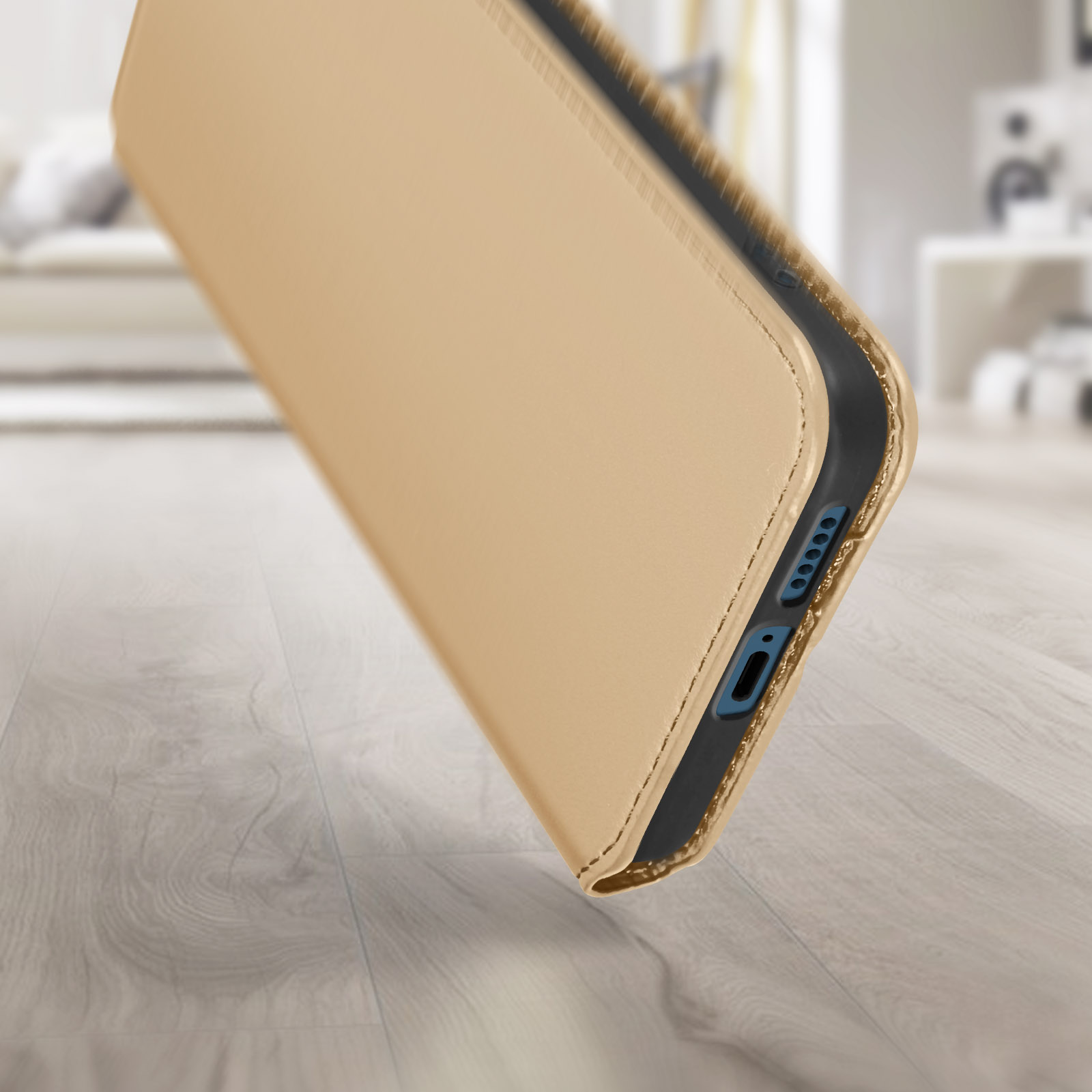 Custodia per telefono beige. Il telefono non è visibile.