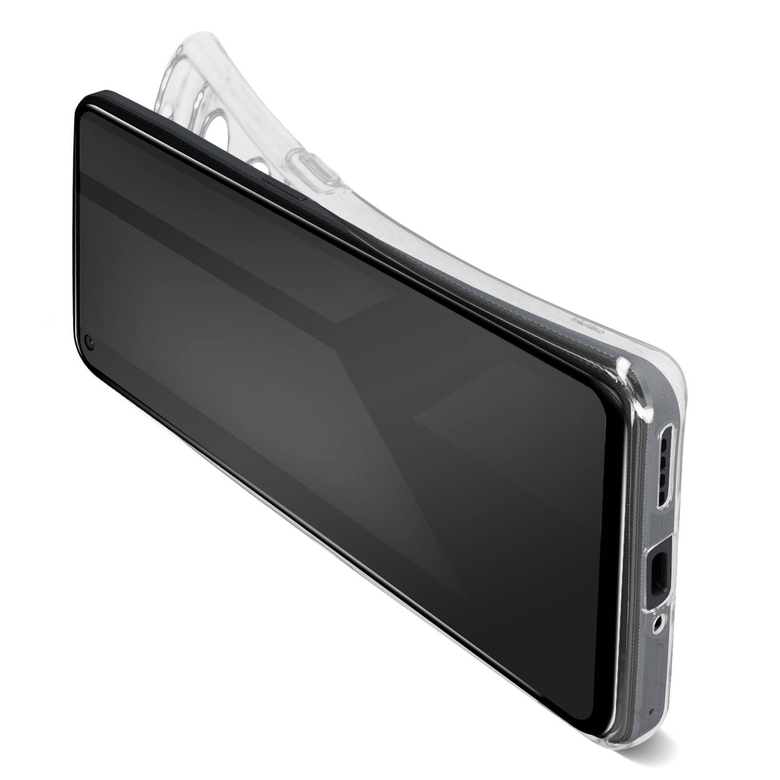 Custodia trasparente per telefono su schermo nero. Vista angolata, custodia si estende oltre il telefono.