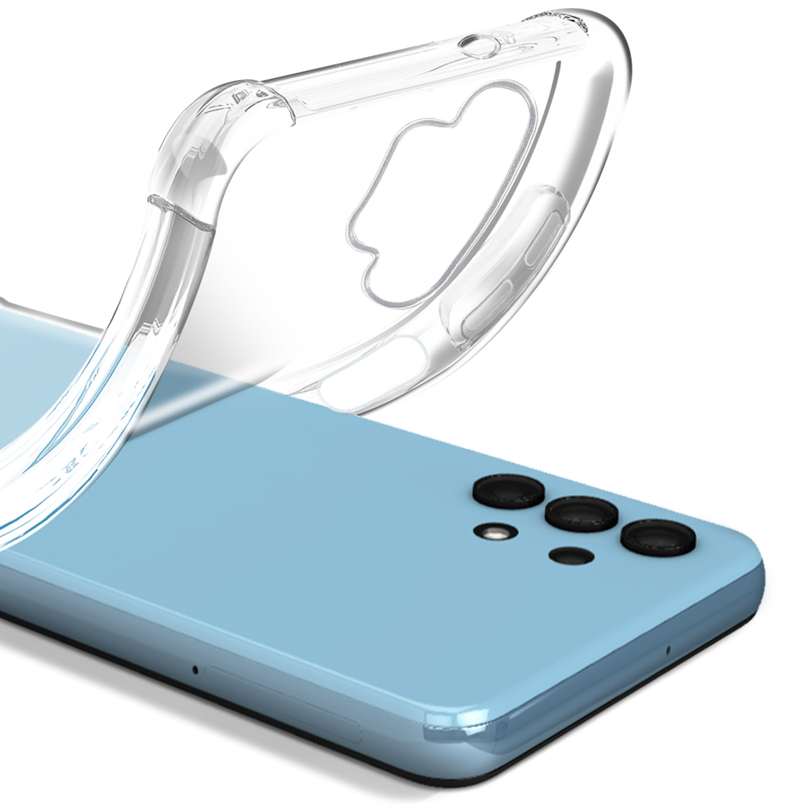 Una custodia trasparente per telefono su un telefono azzurro con una fotocamera.