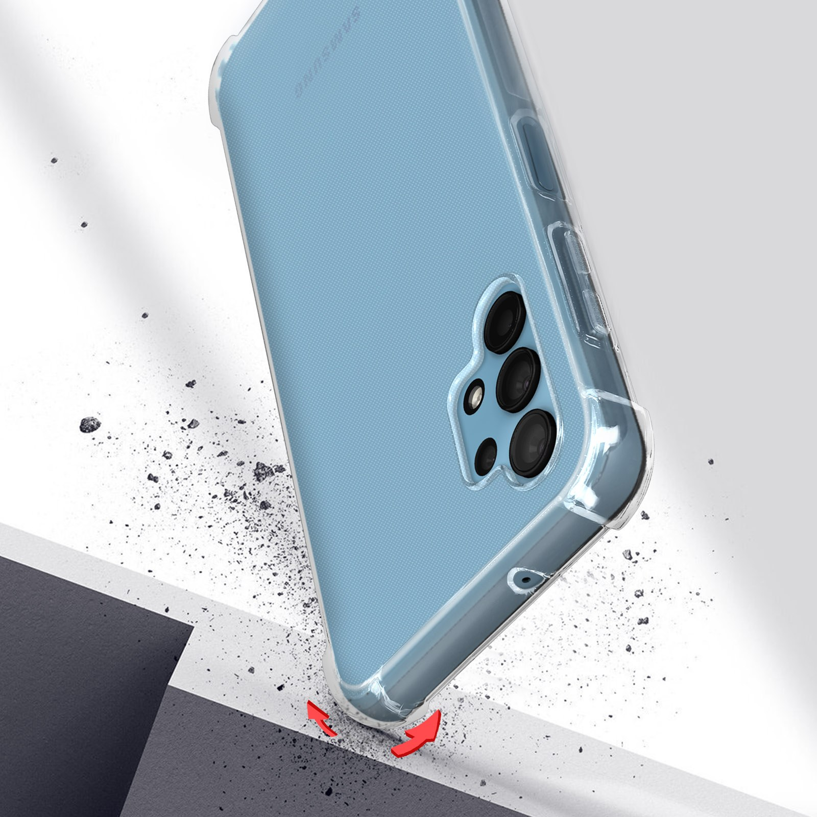 Custodia che cade, mostra retro blu e fotocamera.